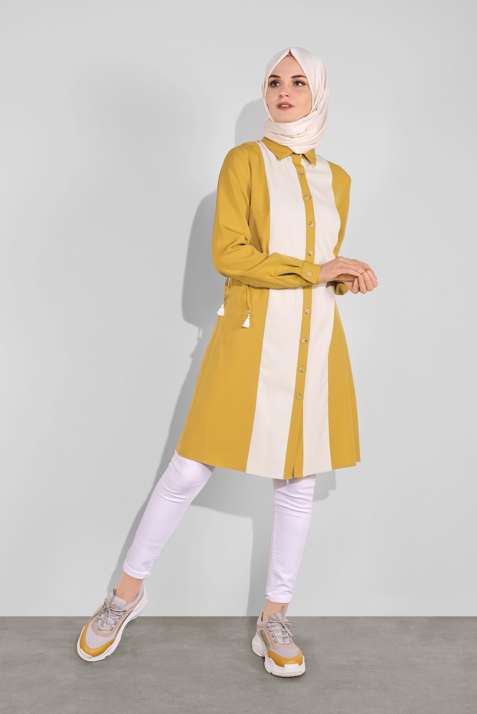 Tesettür giyim SARI KALIN ŞERİTLİ BOYDAN DÜĞMELİ TUNİK 41133 