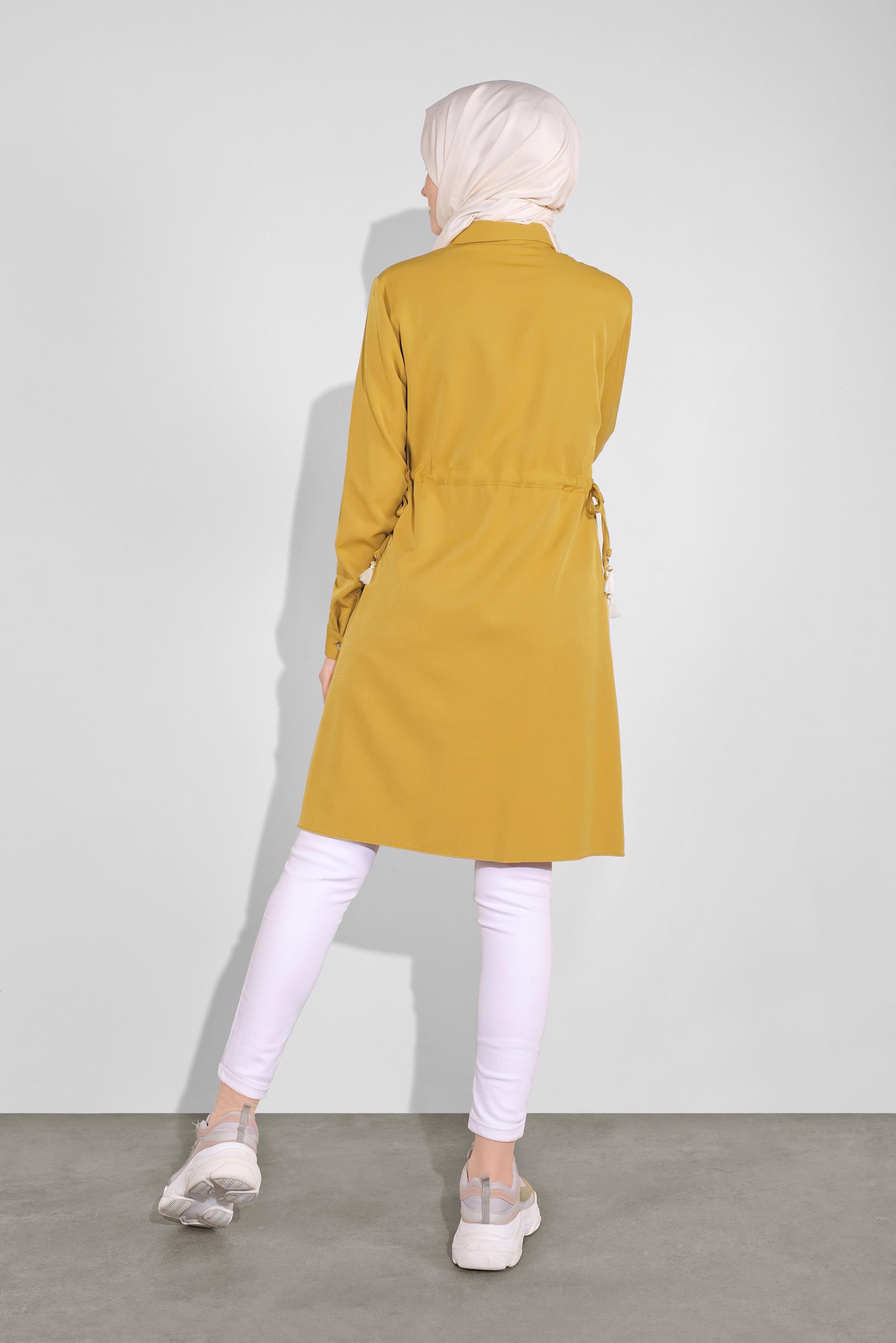 Tesettür giyim SARI KALIN ŞERİTLİ BOYDAN DÜĞMELİ TUNİK 41133 