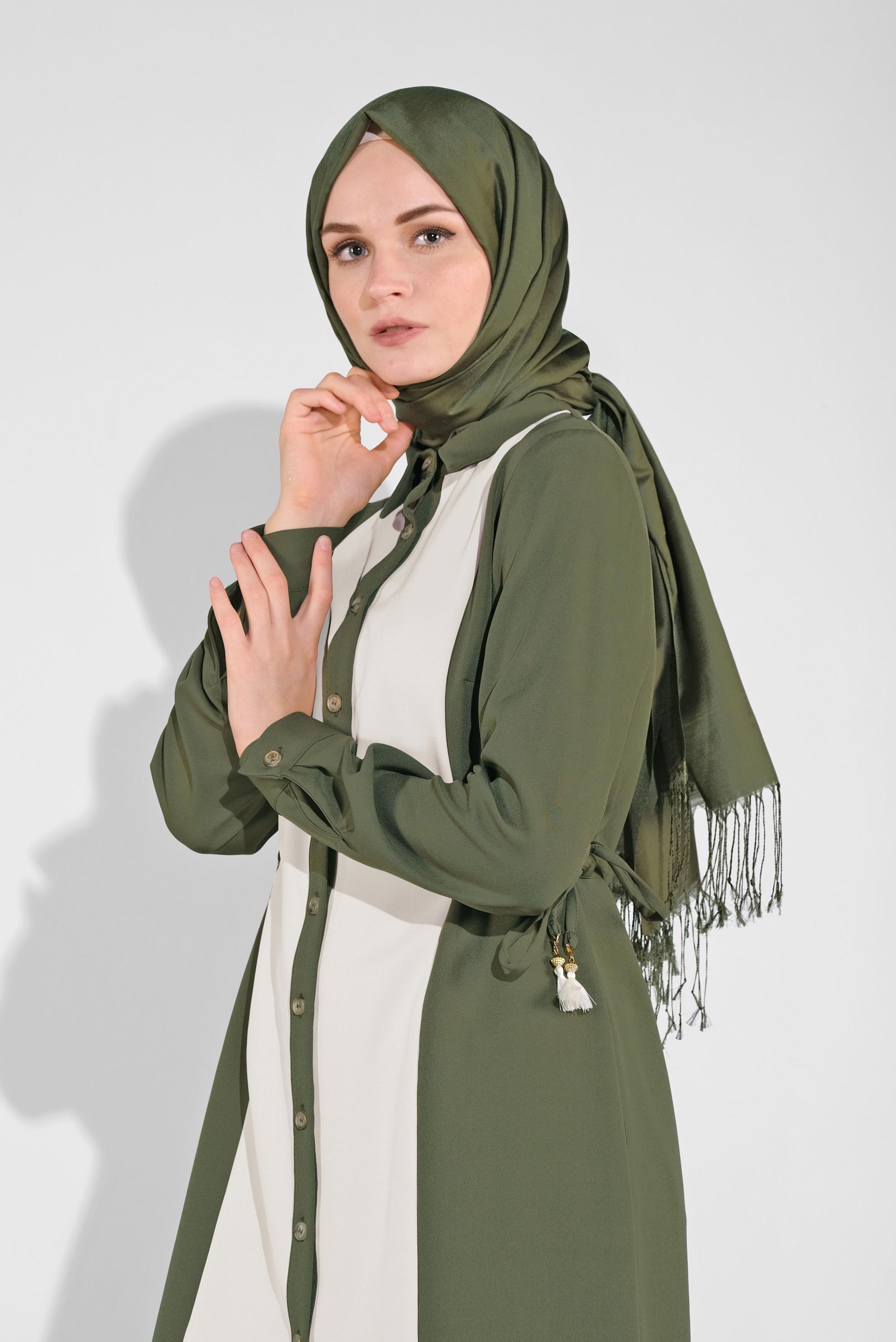 Tesettür giyim HAKİ KALIN ŞERİTLİ BOYDAN DÜĞMELİ TUNİK 41133 