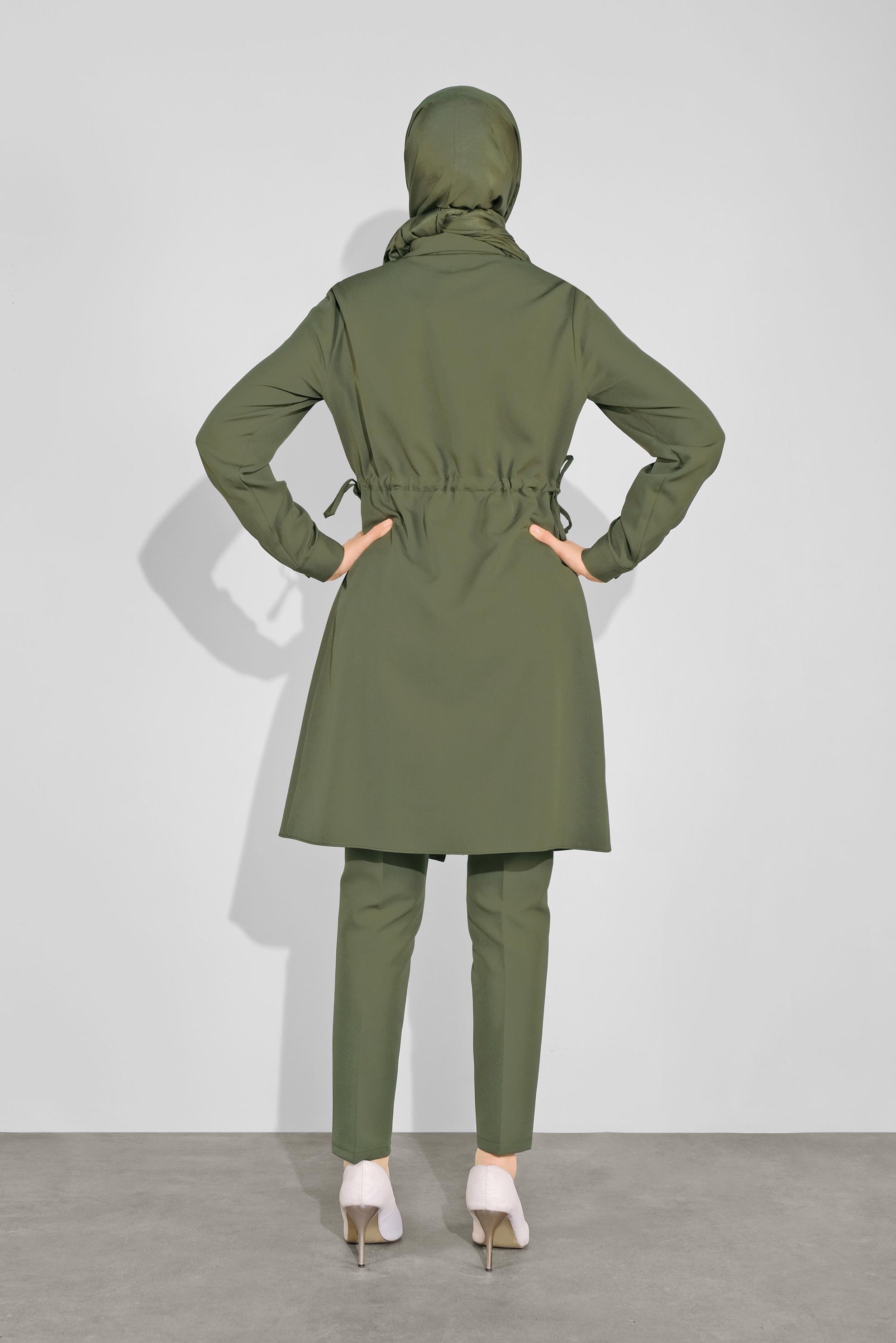 Tesettür giyim HAKİ KALIN ŞERİTLİ BOYDAN DÜĞMELİ TUNİK 41133 