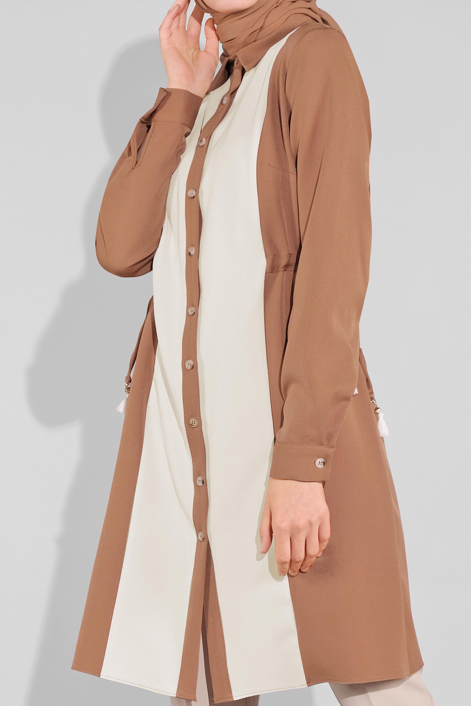 Tesettür giyim TABA KALIN ŞERİTLİ BOYDAN DÜĞMELİ TUNİK 41133 