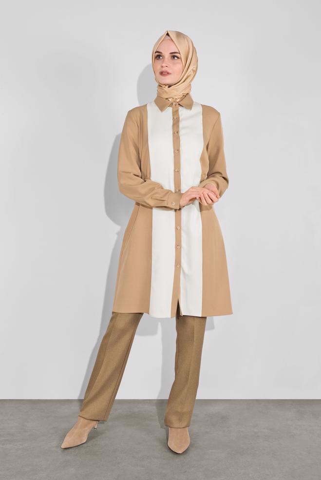 Tesettür giyim  KALIN ŞERİTLİ BOYDAN DÜĞMELİ TUNİK 41133  - ALVİNA