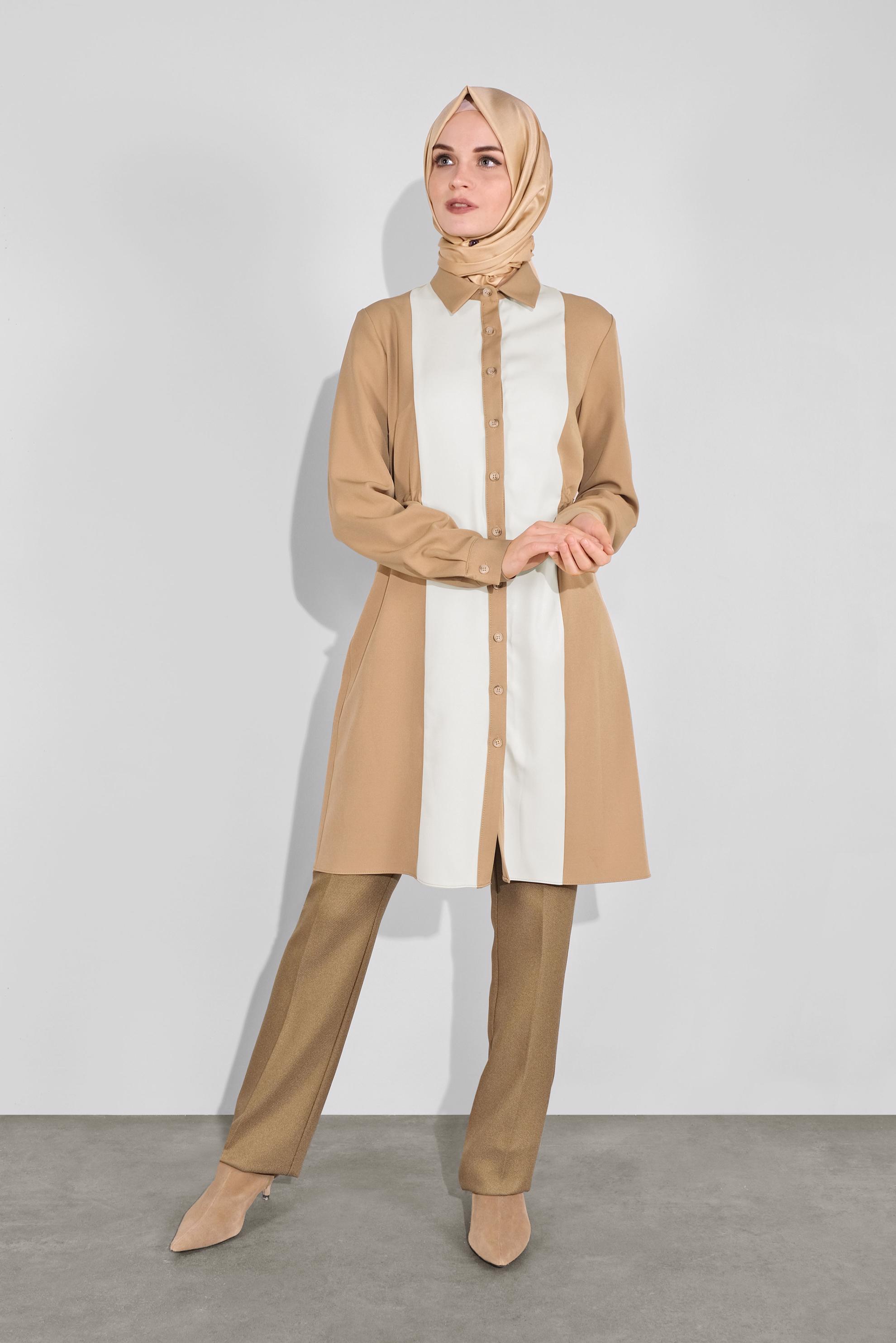 Tesettür giyim KAHVE KALIN ŞERİTLİ BOYDAN DÜĞMELİ TUNİK 41133 