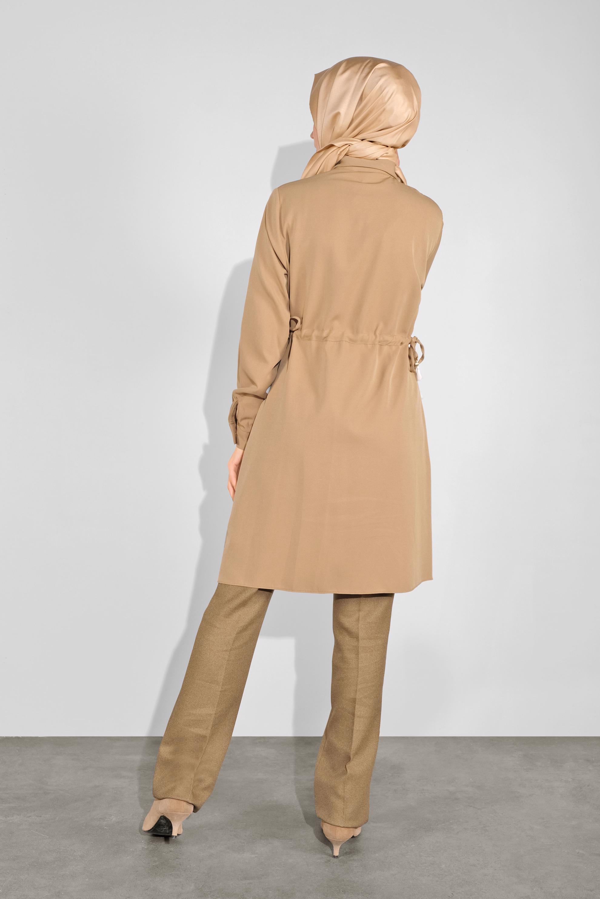 Tesettür giyim KAHVE KALIN ŞERİTLİ BOYDAN DÜĞMELİ TUNİK 41133 