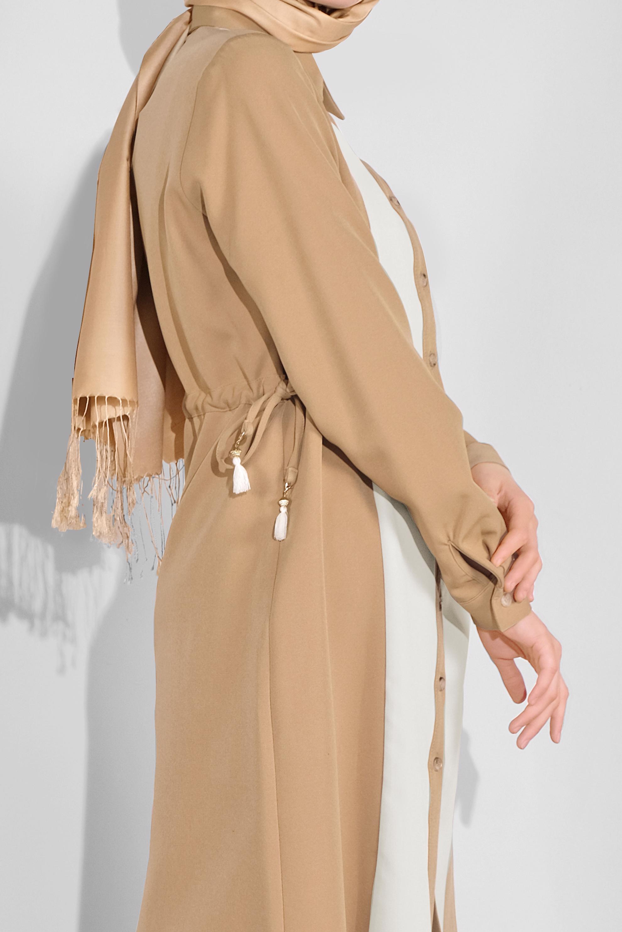 Tesettür giyim KAHVE KALIN ŞERİTLİ BOYDAN DÜĞMELİ TUNİK 41133 