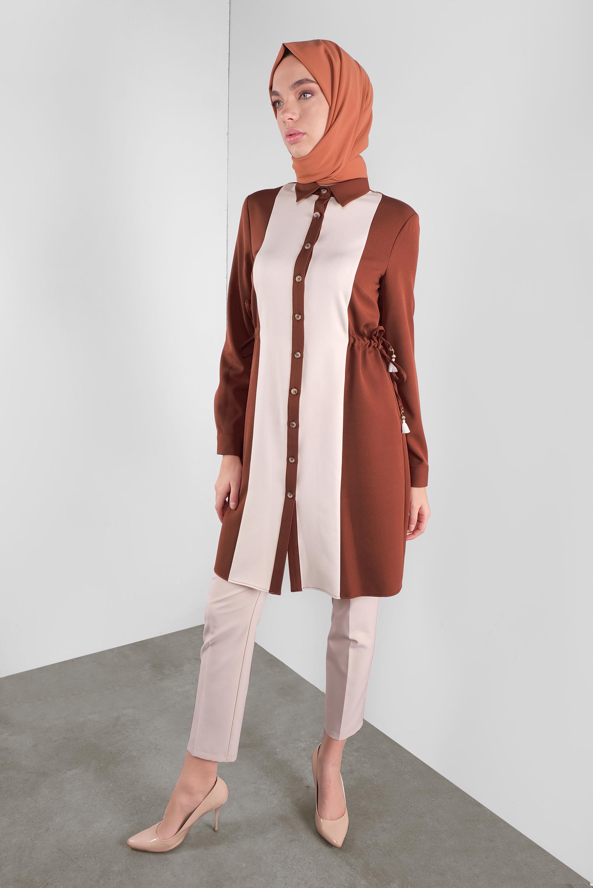 Tesettür giyim KAHVE KALIN ŞERİTLİ BOYDAN DÜĞMELİ TUNİK 41133 