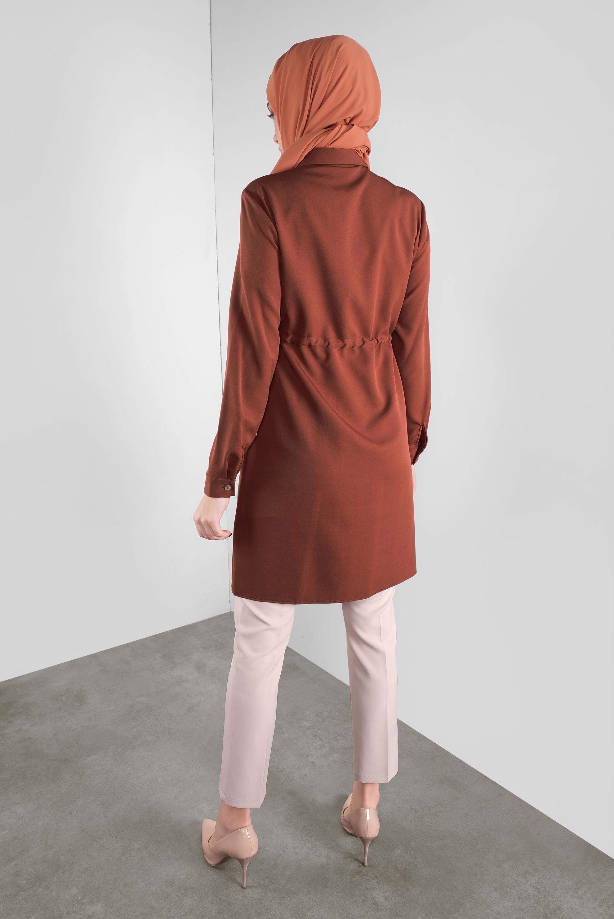 Tesettür giyim KAHVE KALIN ŞERİTLİ BOYDAN DÜĞMELİ TUNİK 41133 