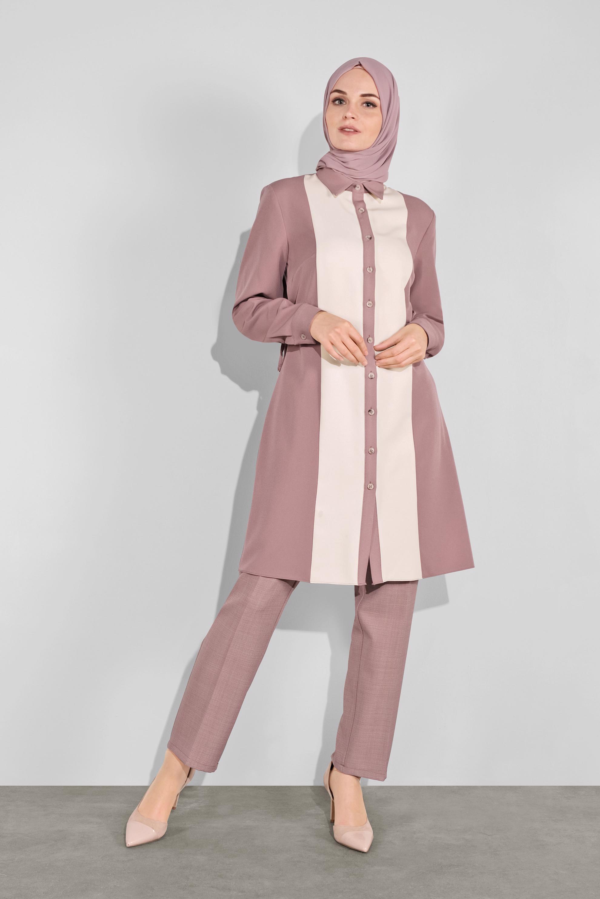 Tesettür giyim PEMBE KALIN ŞERİTLİ BOYDAN DÜĞMELİ TUNİK 41133 