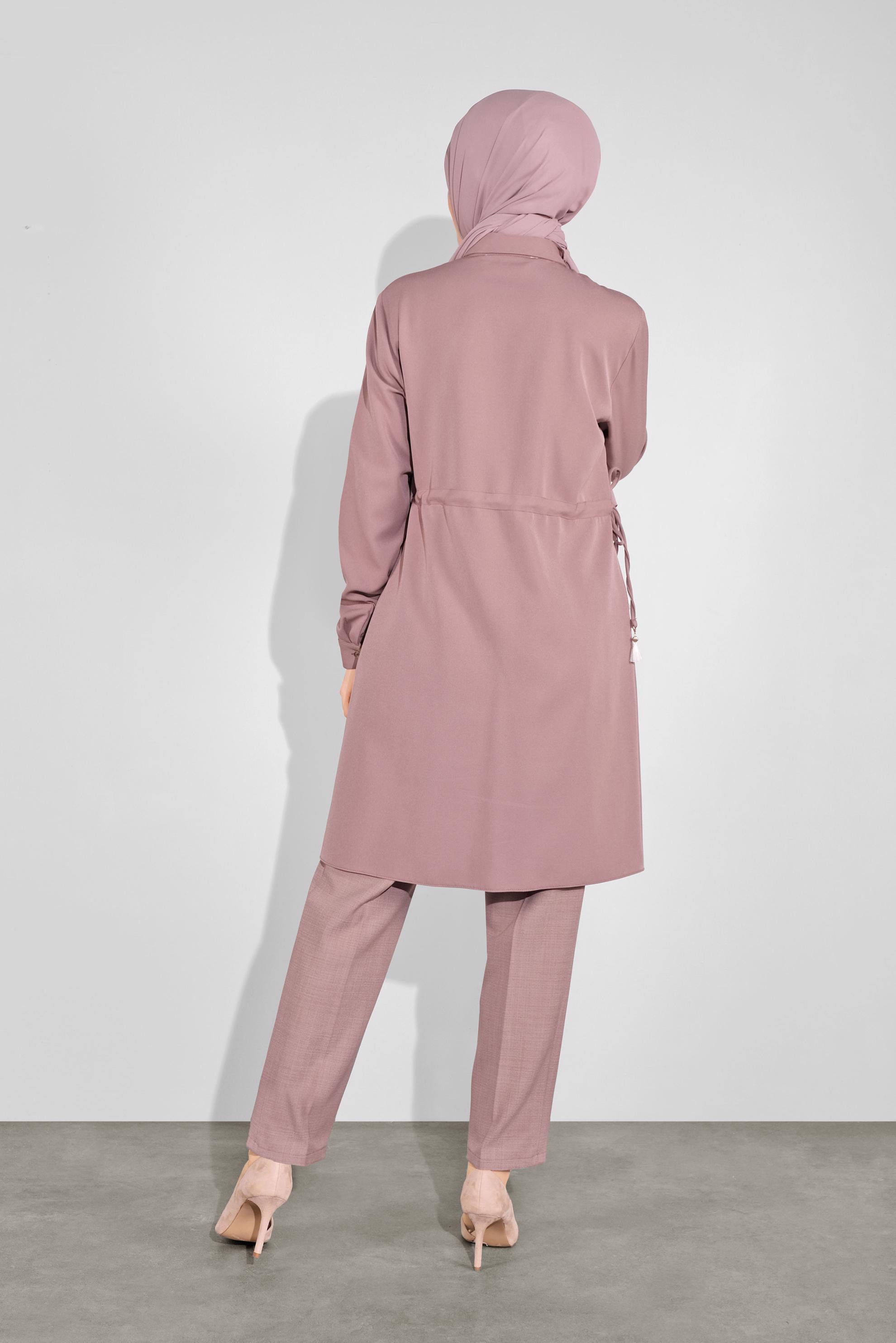 Tesettür giyim PEMBE KALIN ŞERİTLİ BOYDAN DÜĞMELİ TUNİK 41133 