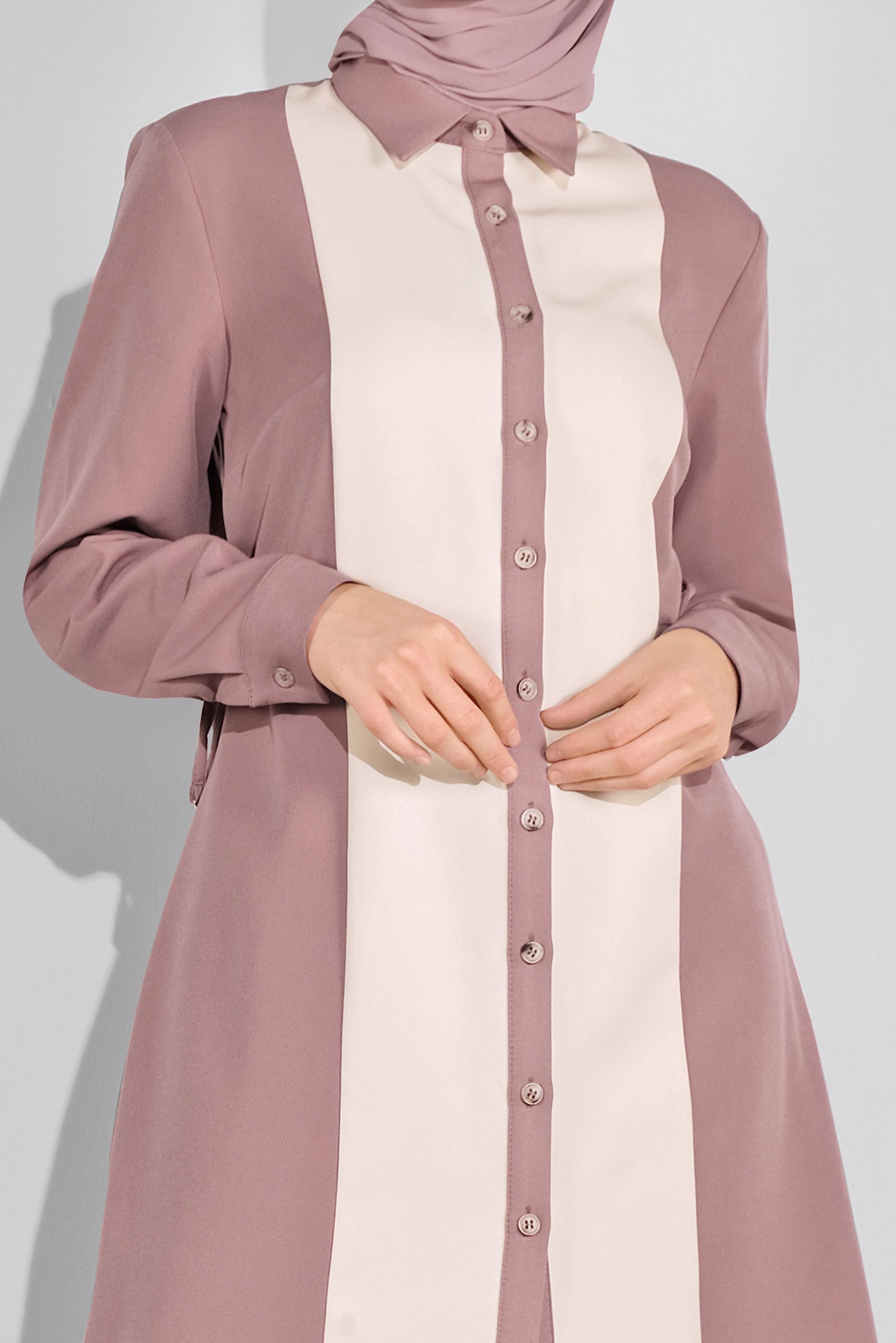 Tesettür giyim PEMBE KALIN ŞERİTLİ BOYDAN DÜĞMELİ TUNİK 41133 