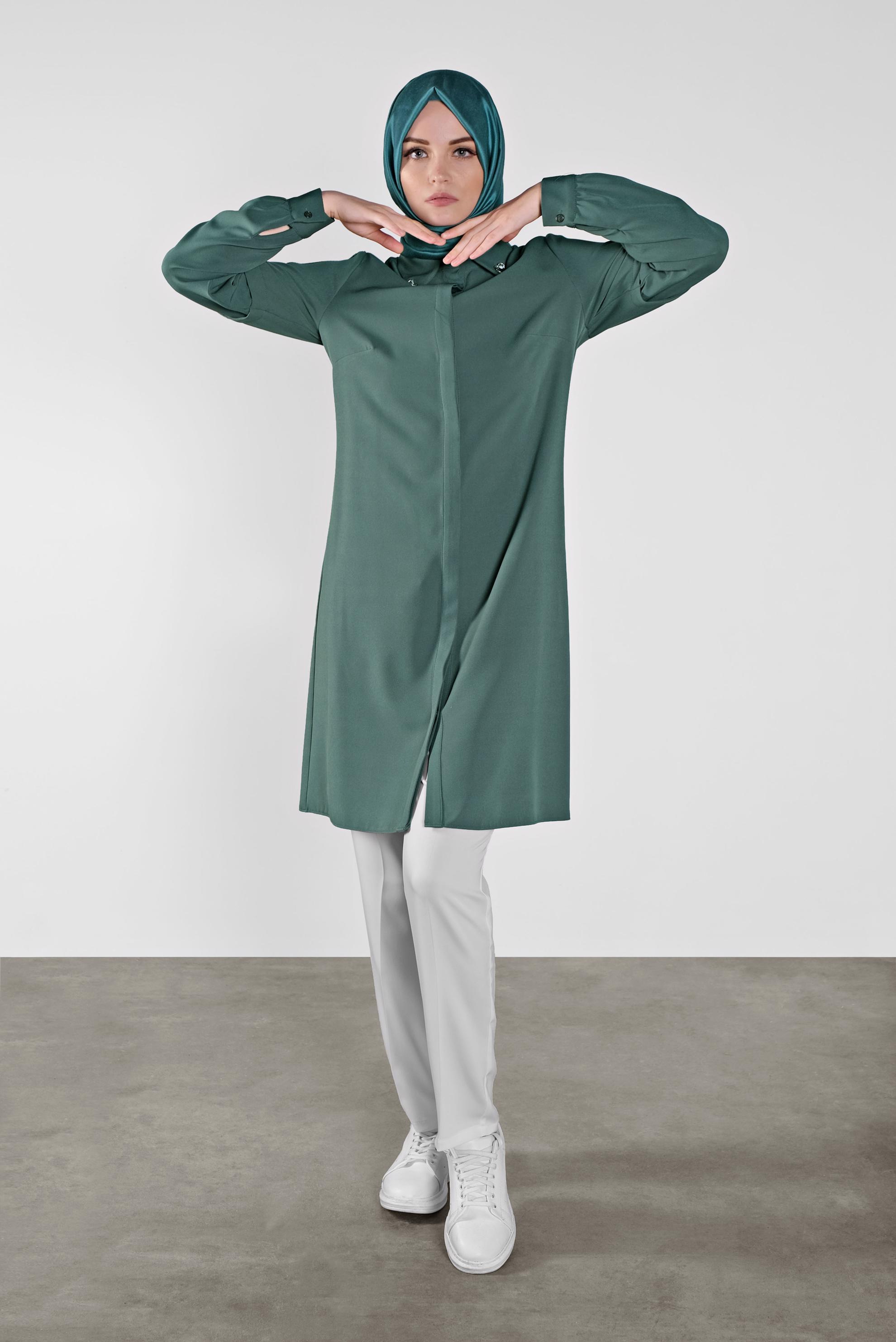 Tesettür giyim YEŞİL SİMLİ ŞERİT DETAYLI TUNİK 41134 