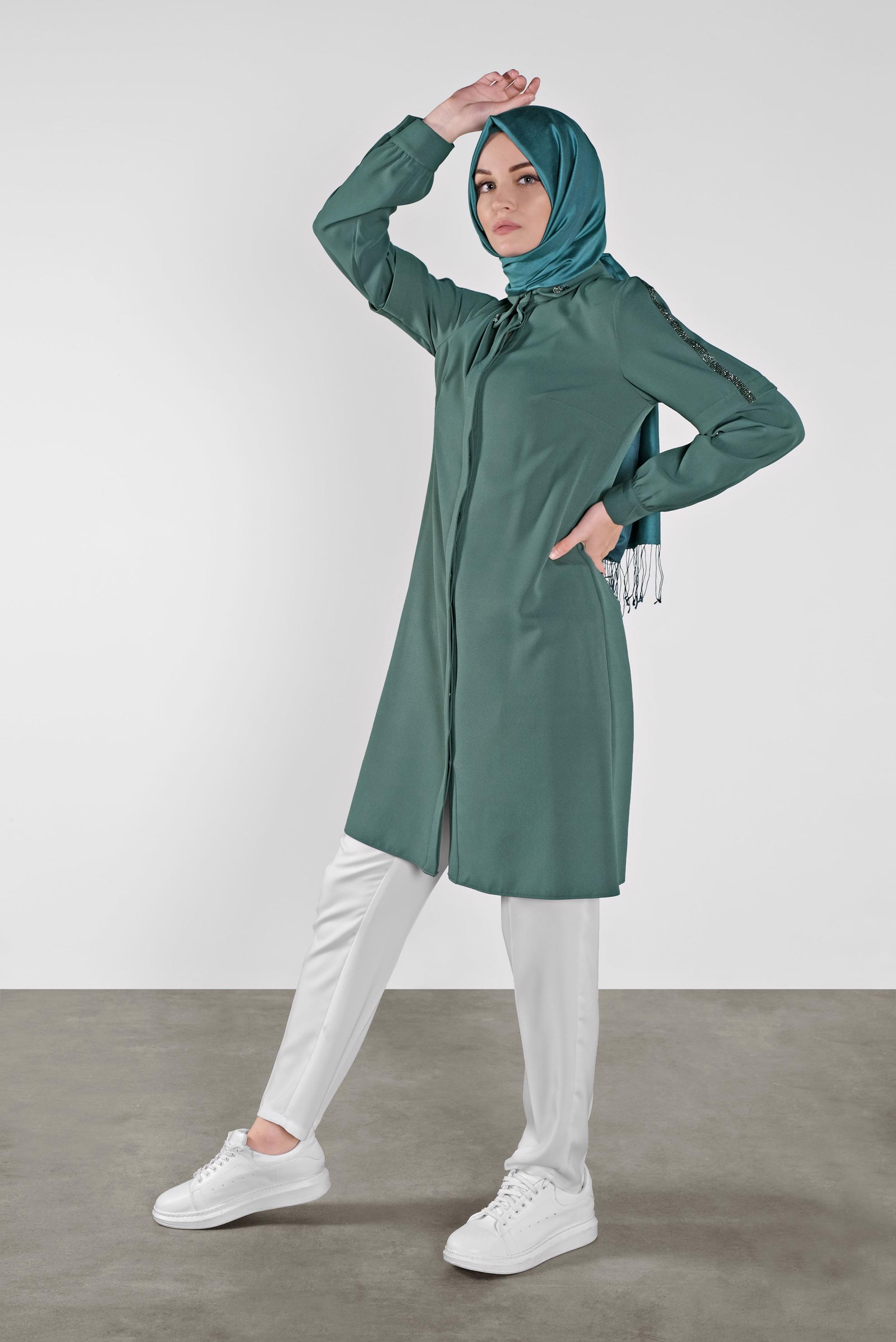 Tesettür giyim YEŞİL SİMLİ ŞERİT DETAYLI TUNİK 41134 