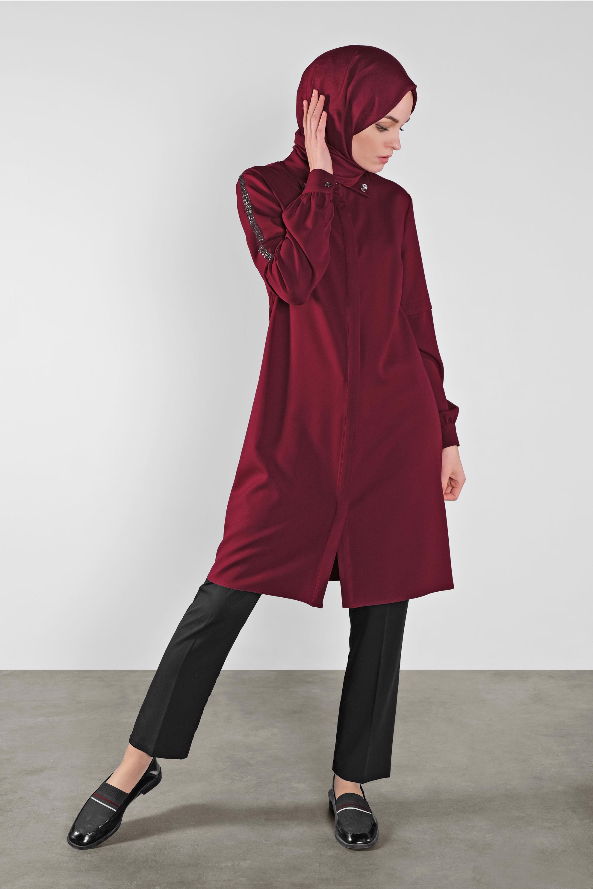 Tesettür giyim KIRMIZI SİMLİ ŞERİT DETAYLI TUNİK 41134 