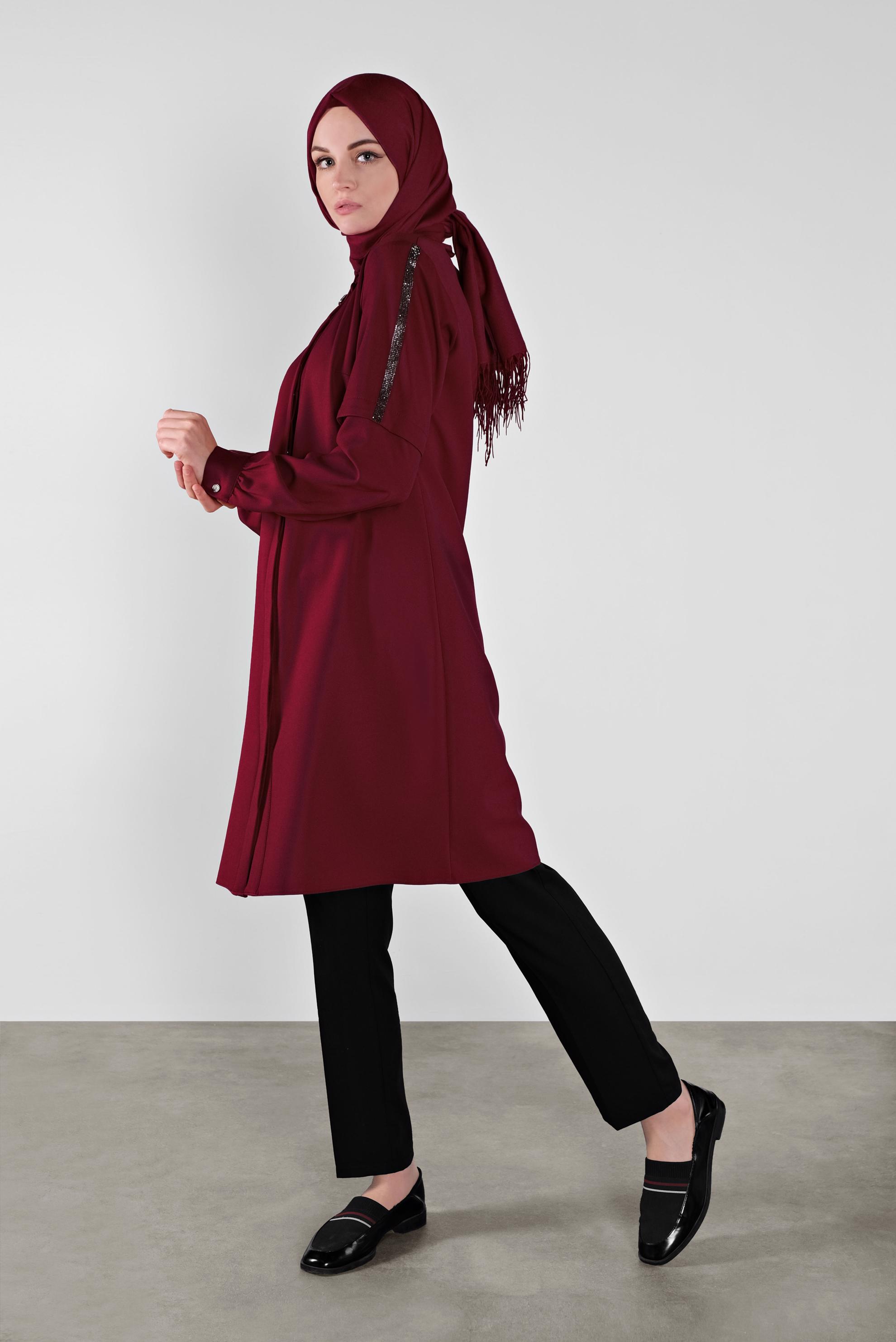 Tesettür giyim KIRMIZI SİMLİ ŞERİT DETAYLI TUNİK 41134 