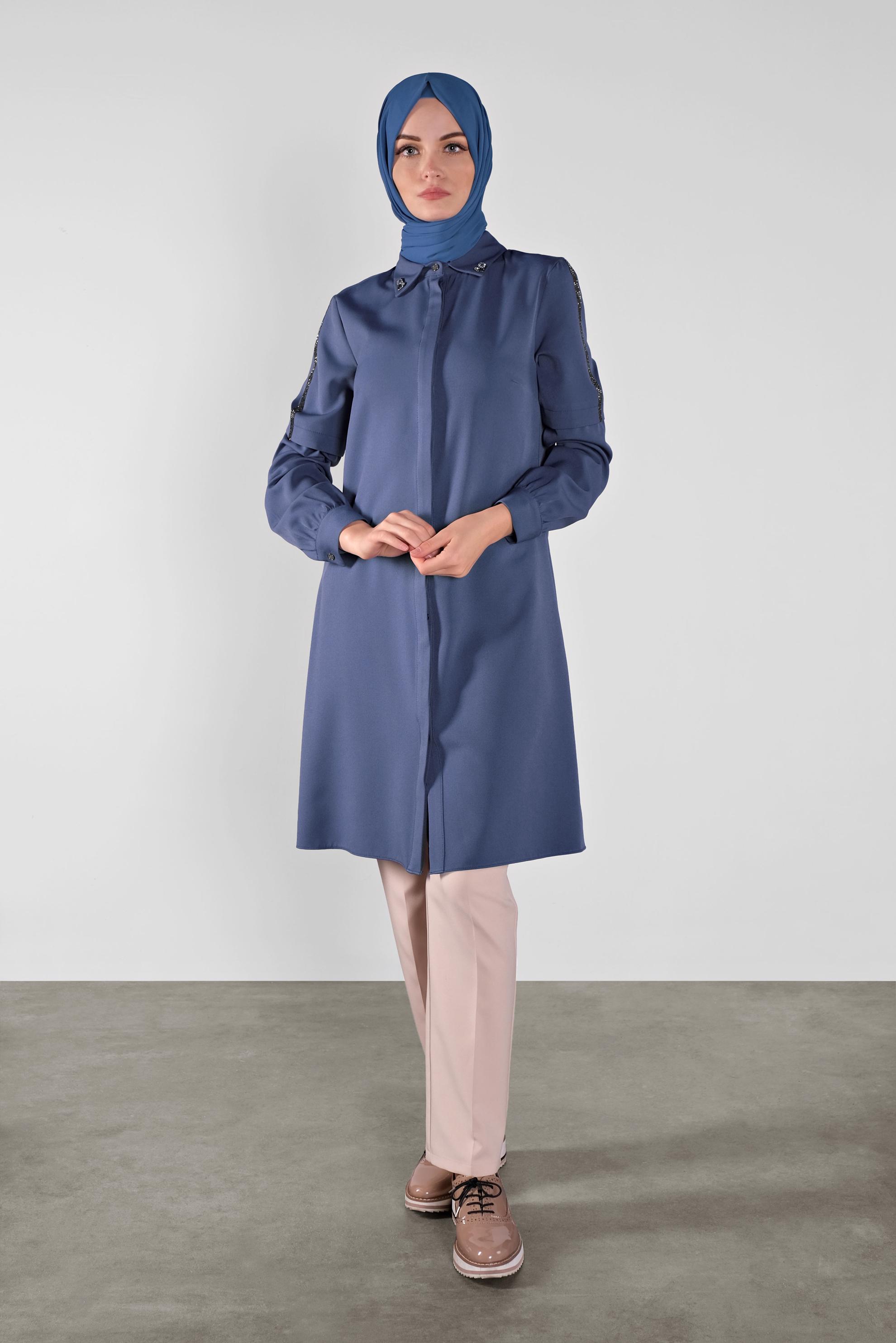 Tesettür giyim LACİVERT SİMLİ ŞERİT DETAYLI TUNİK 41134 