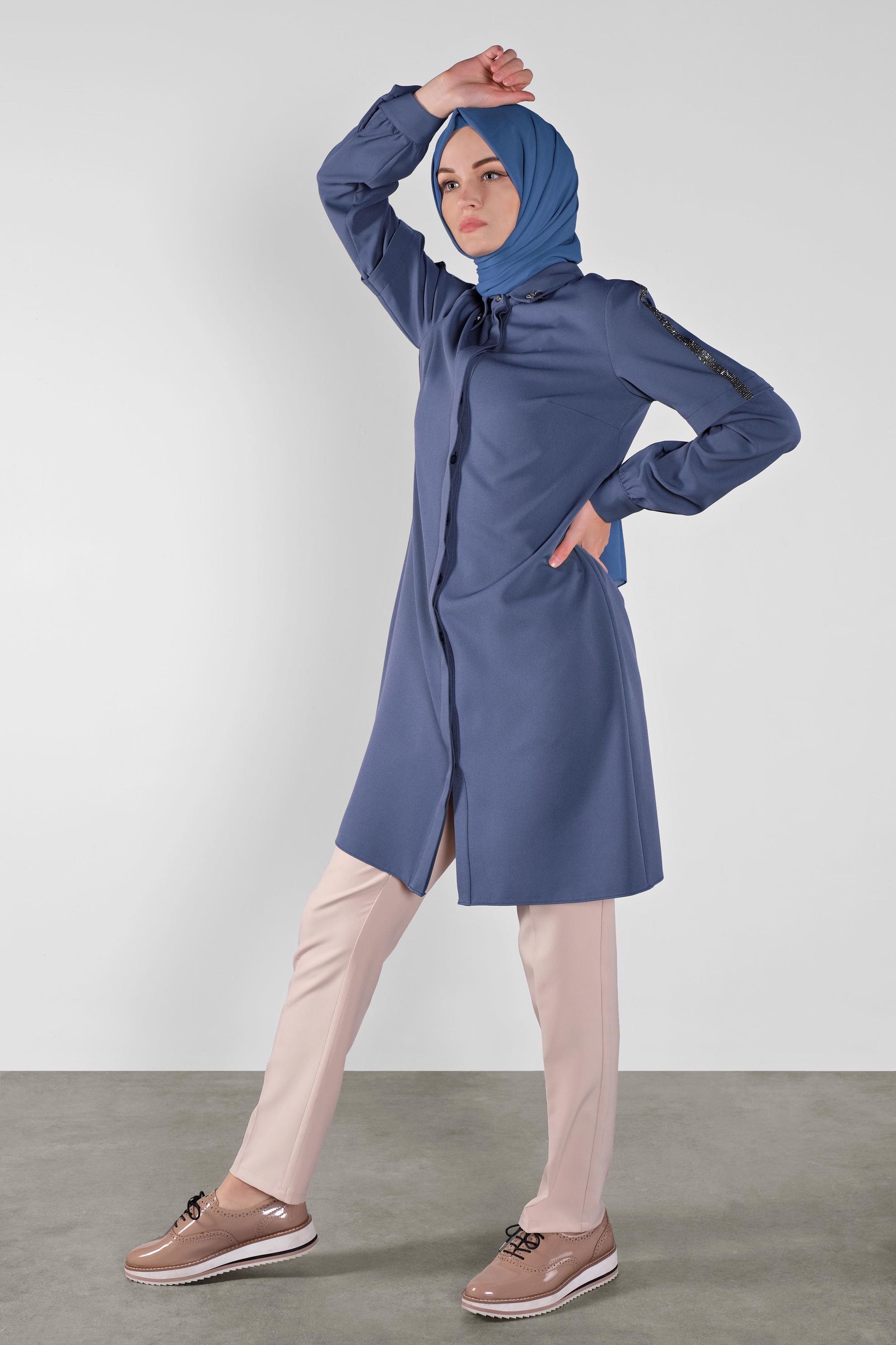 Tesettür giyim LACİVERT SİMLİ ŞERİT DETAYLI TUNİK 41134 