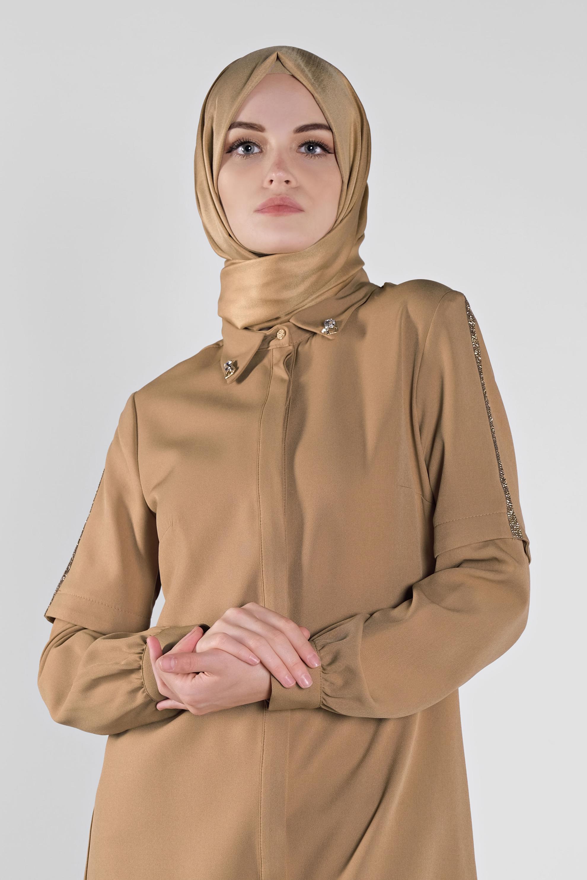 Tesettür giyim KAHVE SİMLİ ŞERİT DETAYLI TUNİK 41134 