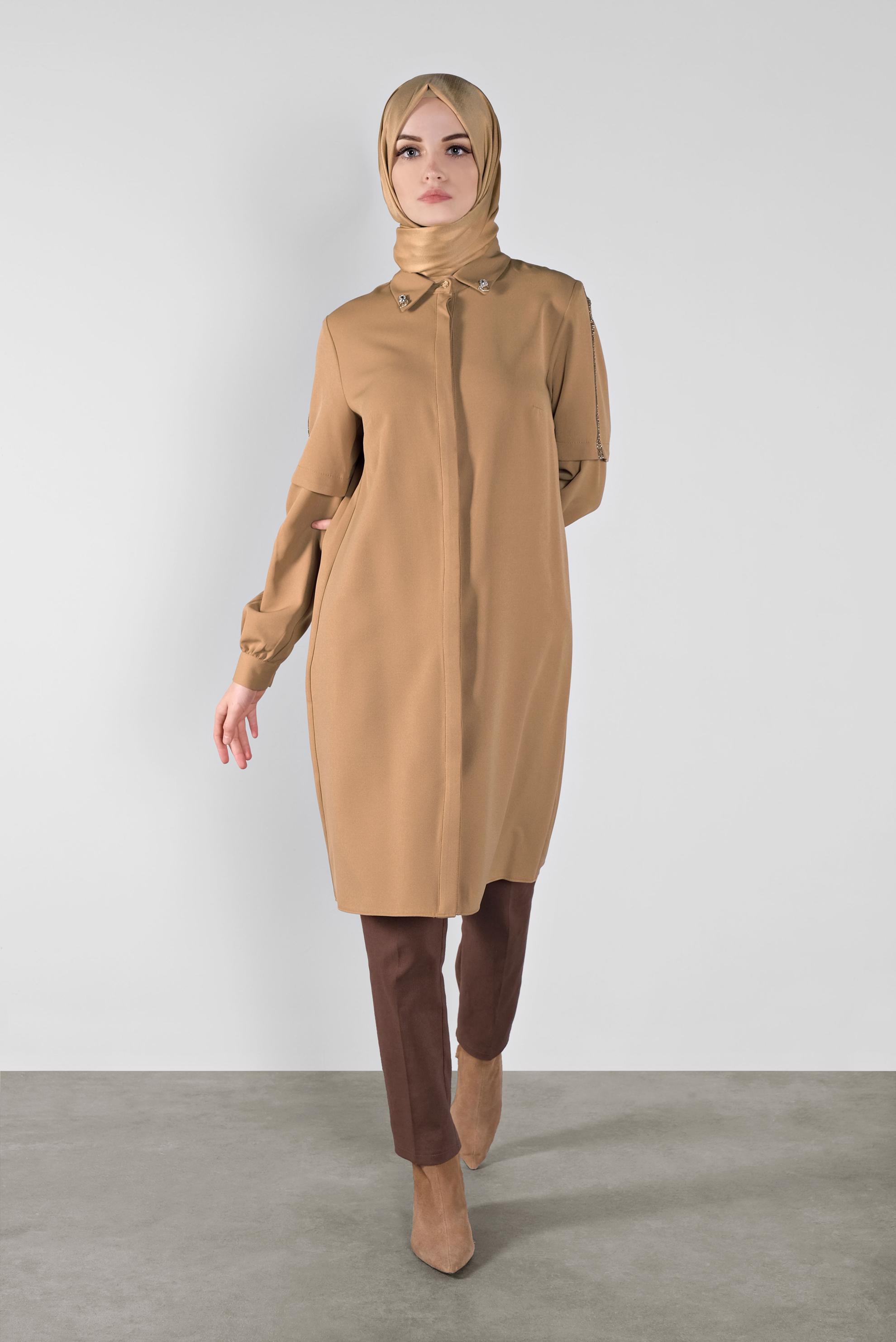 Tesettür giyim KAHVE SİMLİ ŞERİT DETAYLI TUNİK 41134 