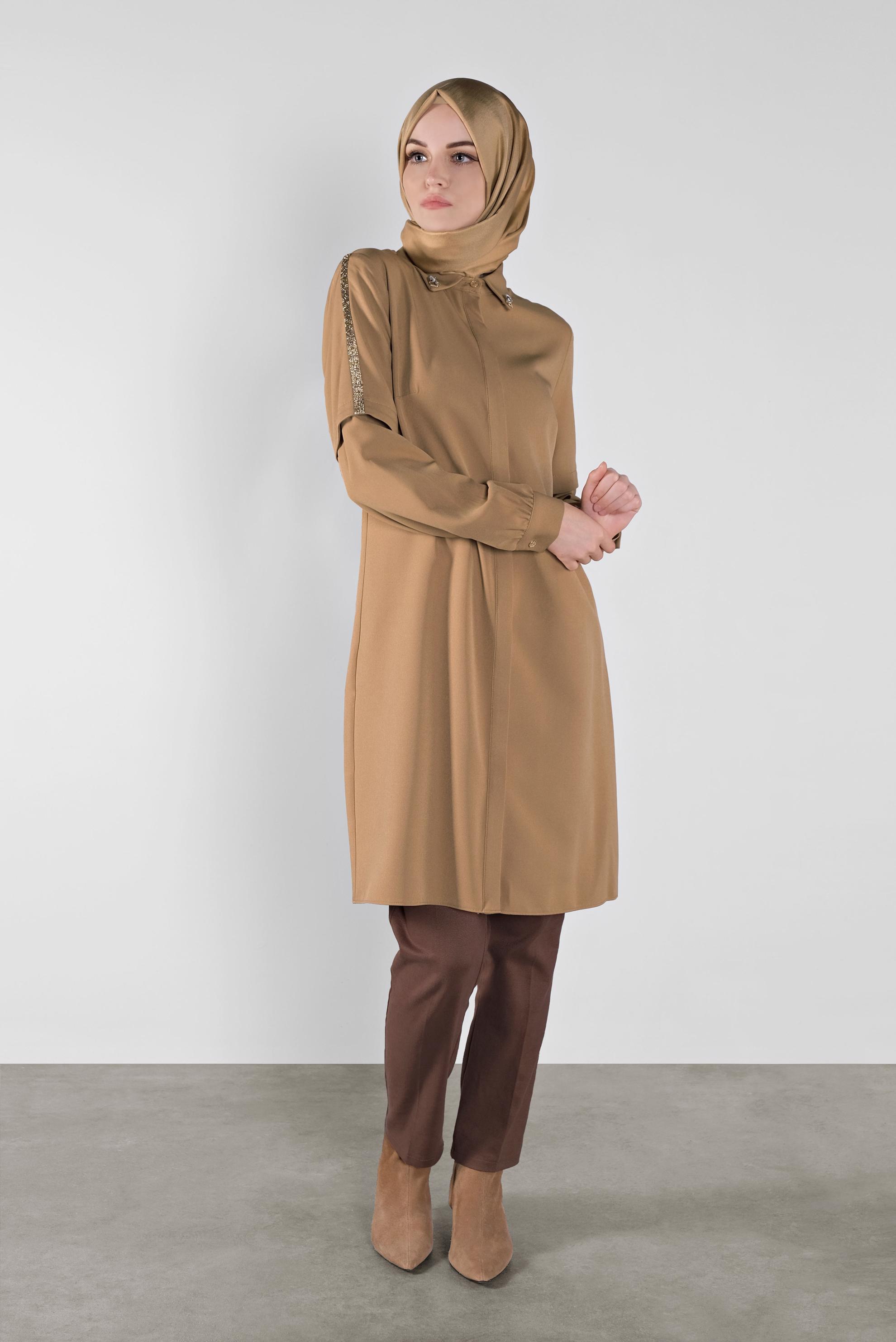 Tesettür giyim KAHVE SİMLİ ŞERİT DETAYLI TUNİK 41134 