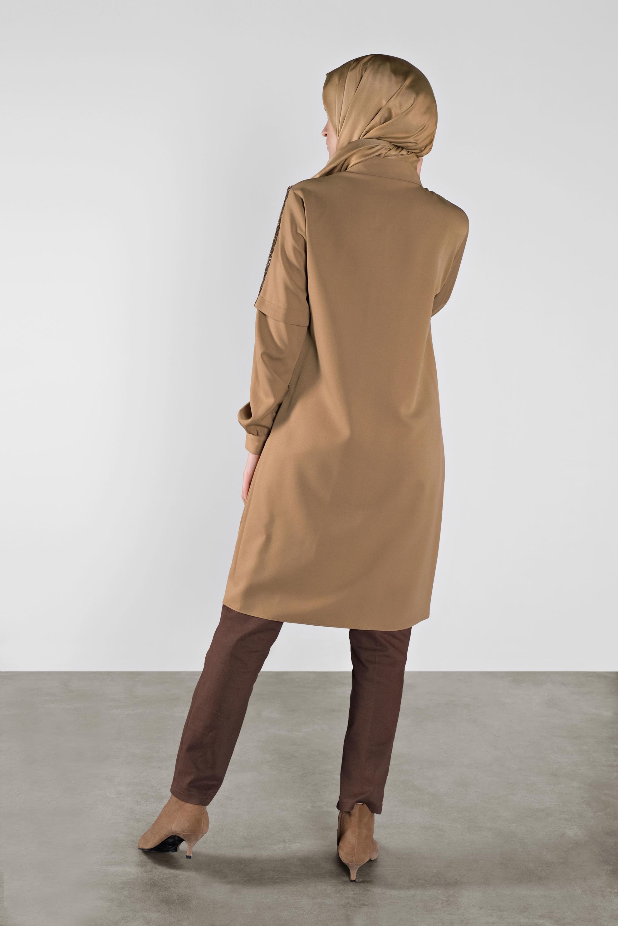 Tesettür giyim KAHVE SİMLİ ŞERİT DETAYLI TUNİK 41134 