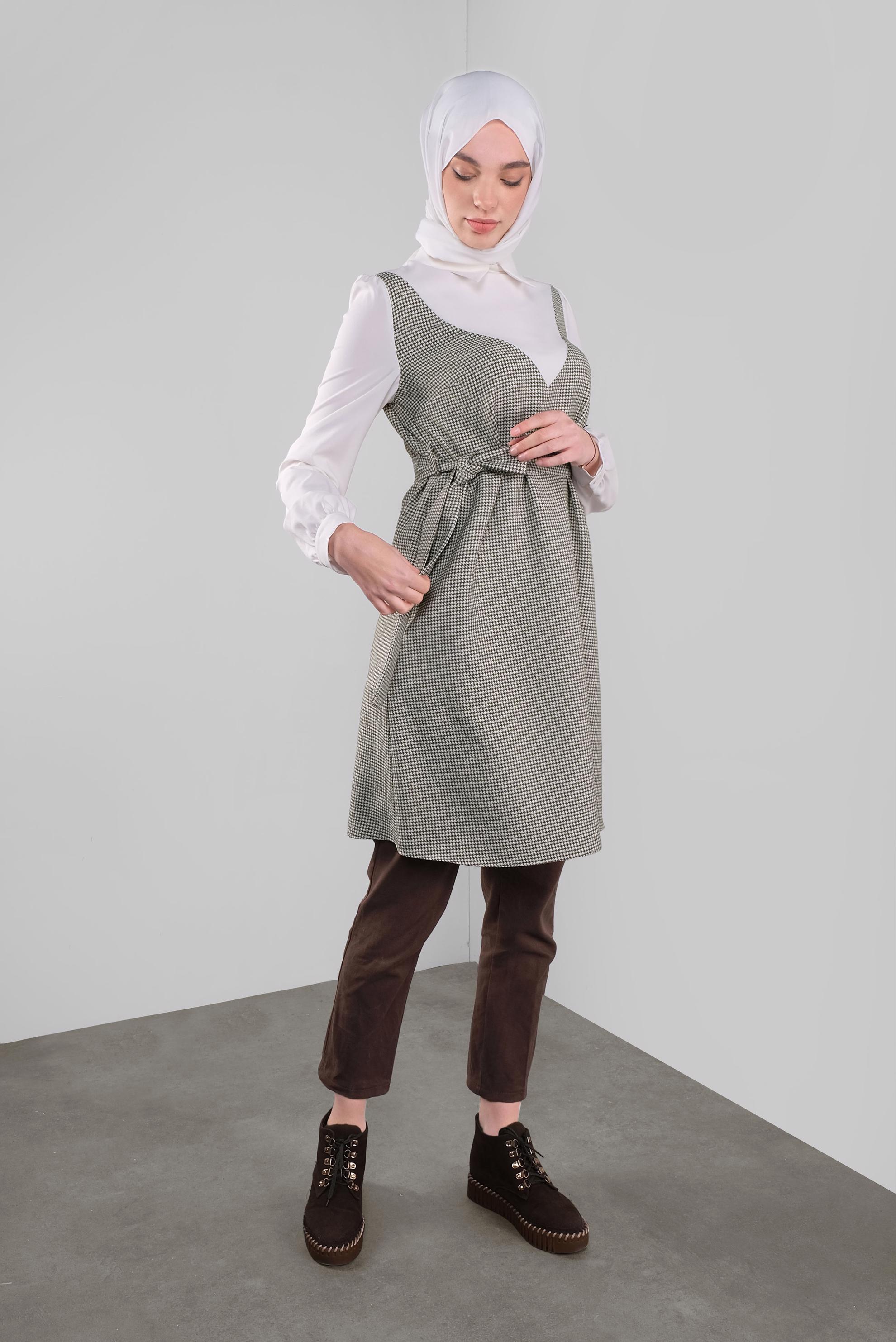 Tesettür giyim HAKİ BELİ KUŞAKLI KAZAYAĞI DESENLİ TUNİK 41135 