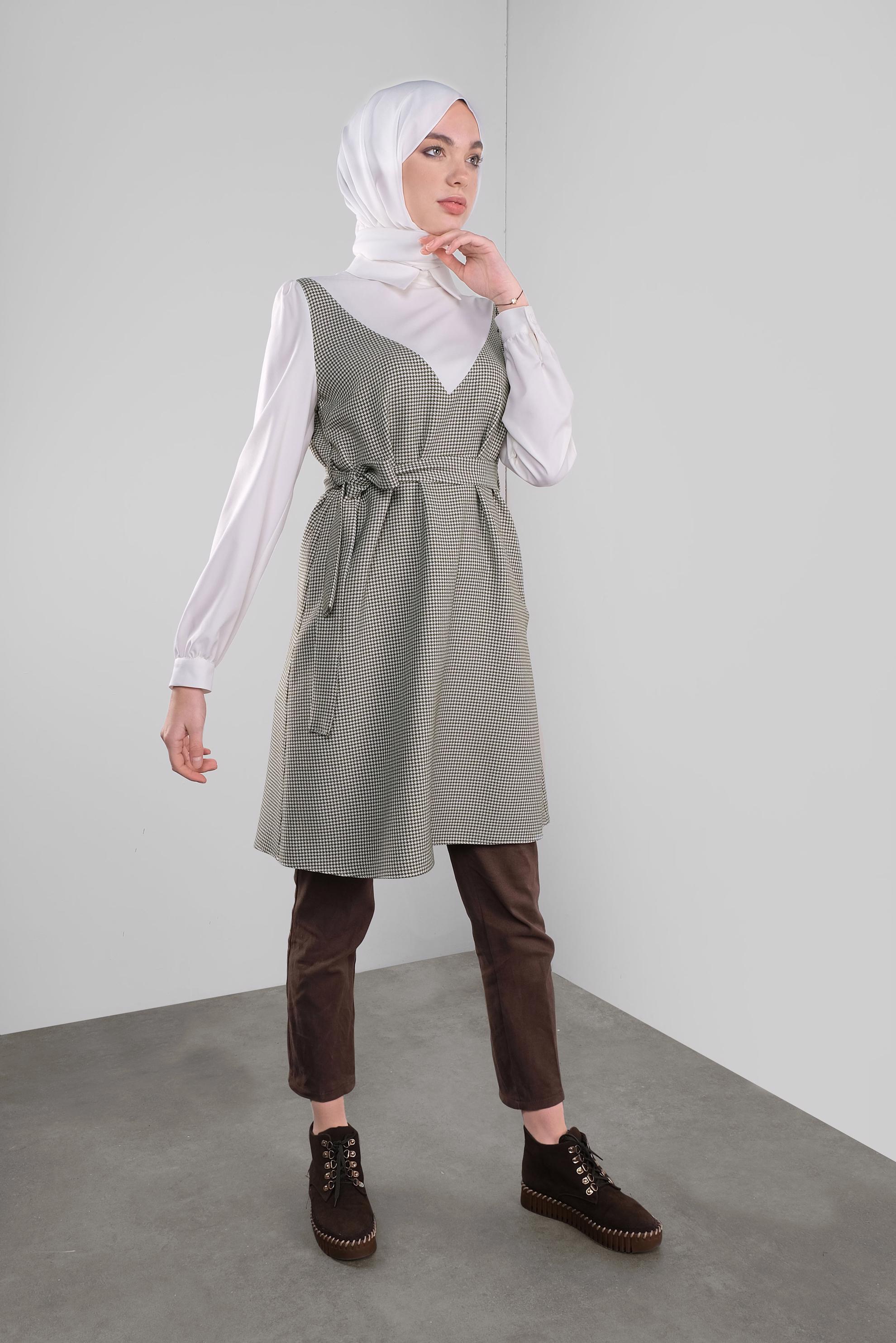 Tesettür giyim HAKİ BELİ KUŞAKLI KAZAYAĞI DESENLİ TUNİK 41135 