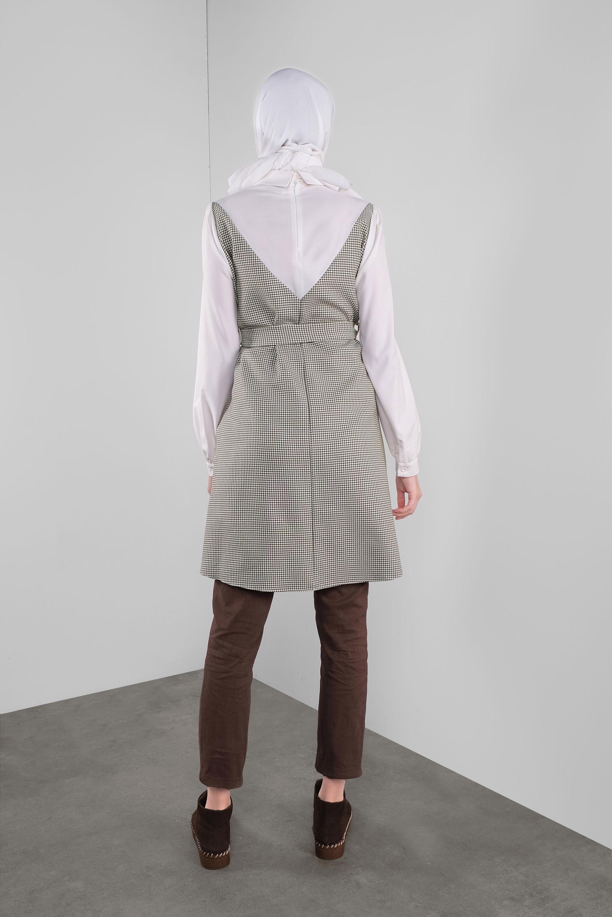 Tesettür giyim HAKİ BELİ KUŞAKLI KAZAYAĞI DESENLİ TUNİK 41135 