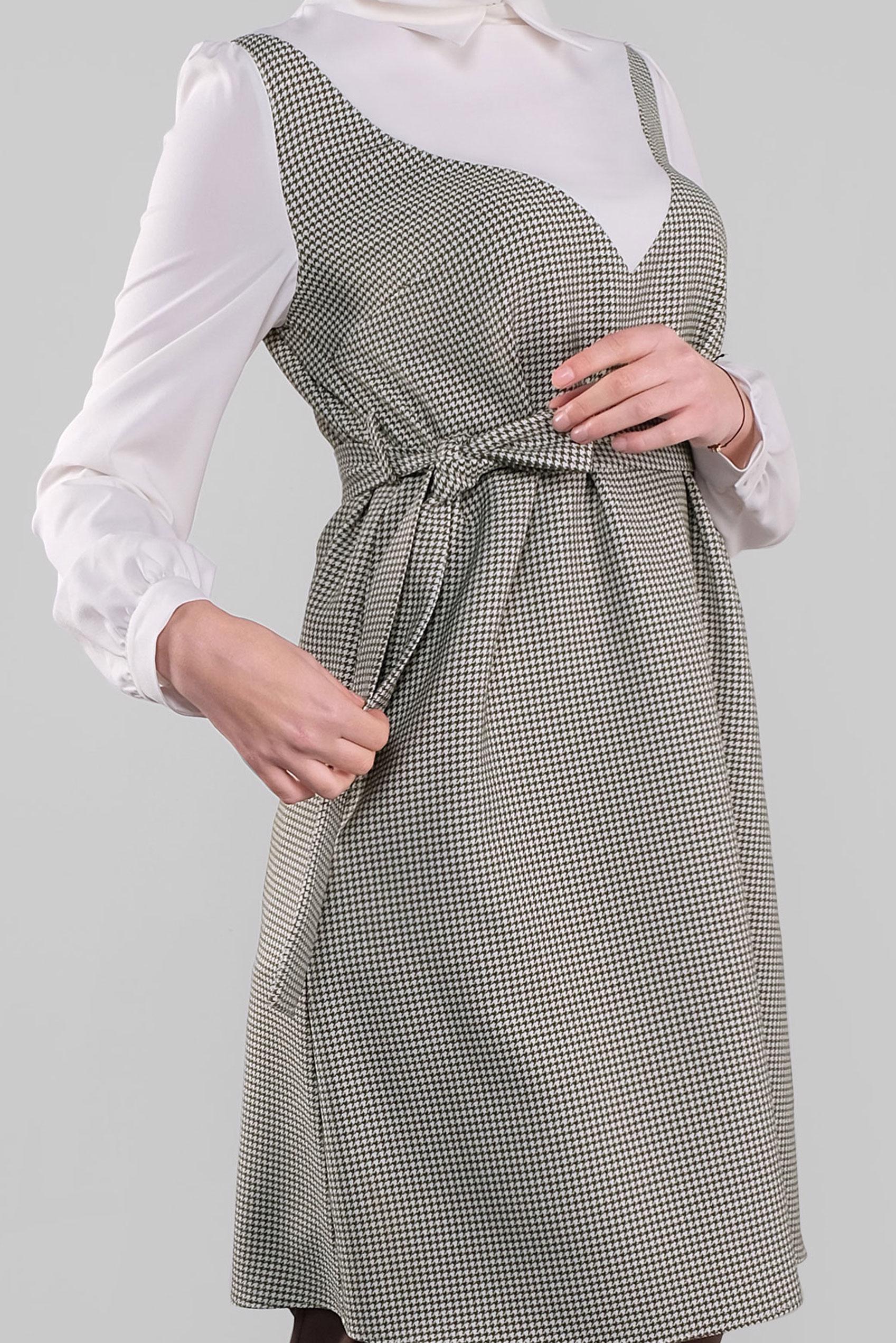 Tesettür giyim HAKİ BELİ KUŞAKLI KAZAYAĞI DESENLİ TUNİK 41135 