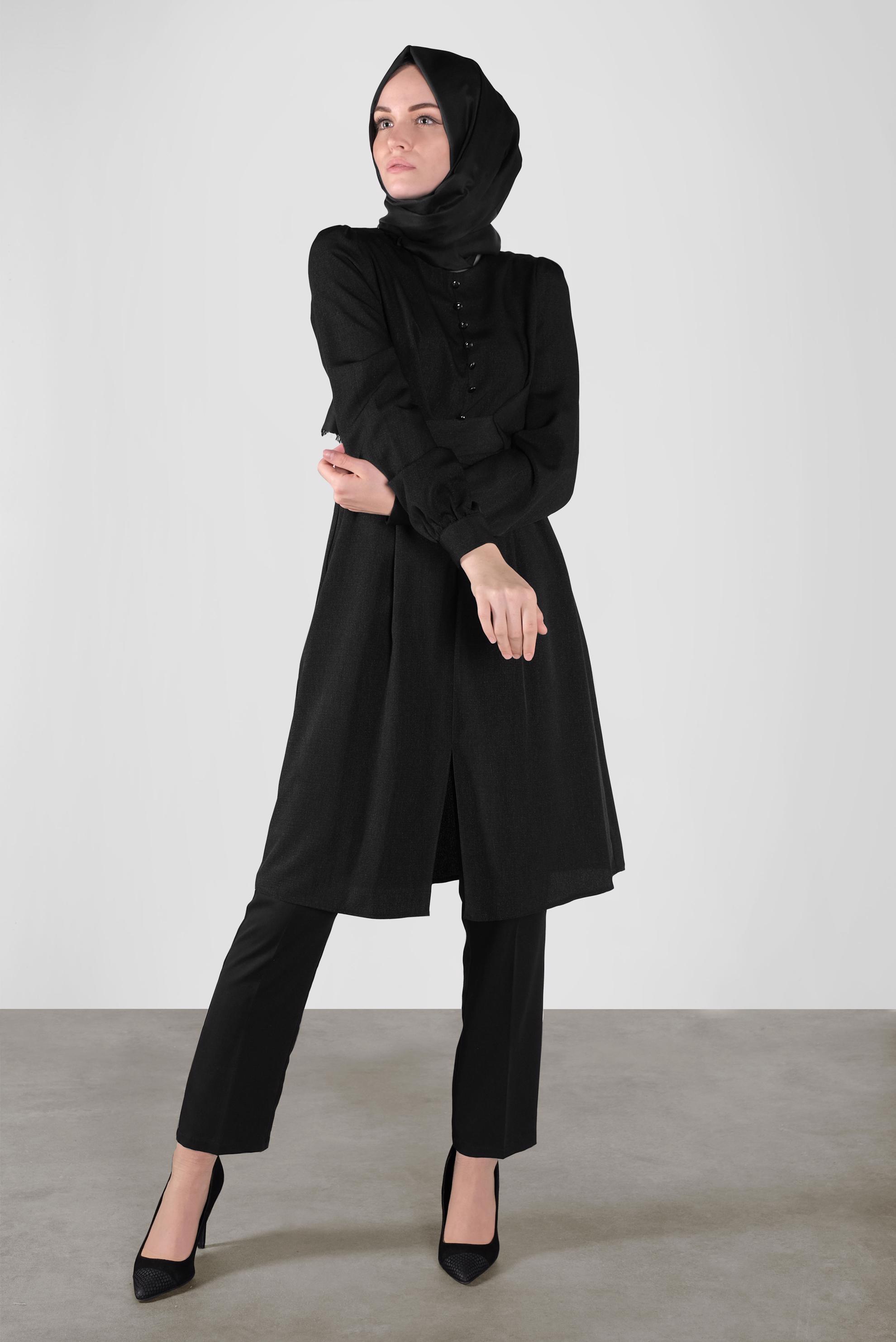 Tesettür giyim SİYAH DÜĞMELİ KUŞAKLI TUNİK 41137 