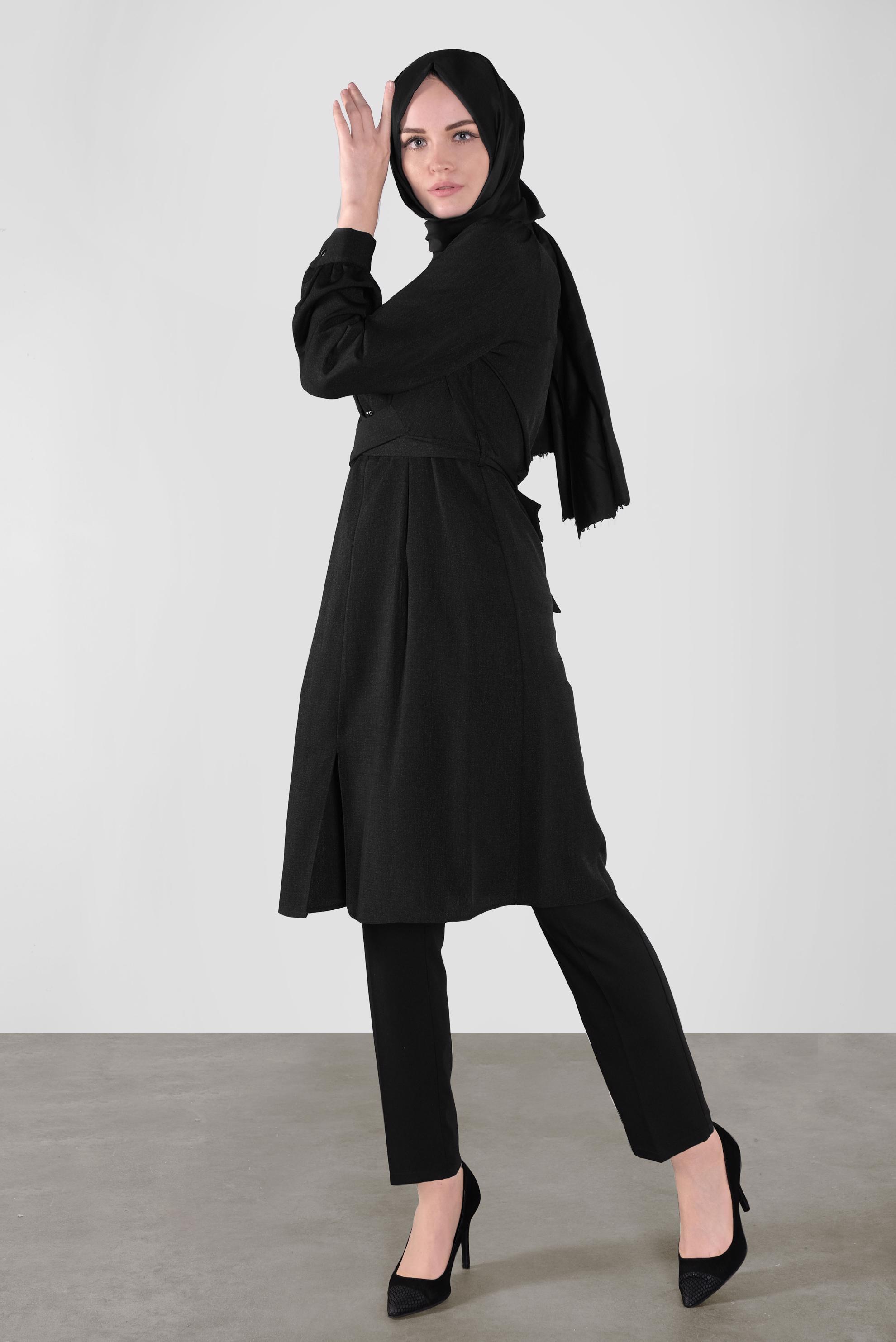 Tesettür giyim SİYAH DÜĞMELİ KUŞAKLI TUNİK 41137 
