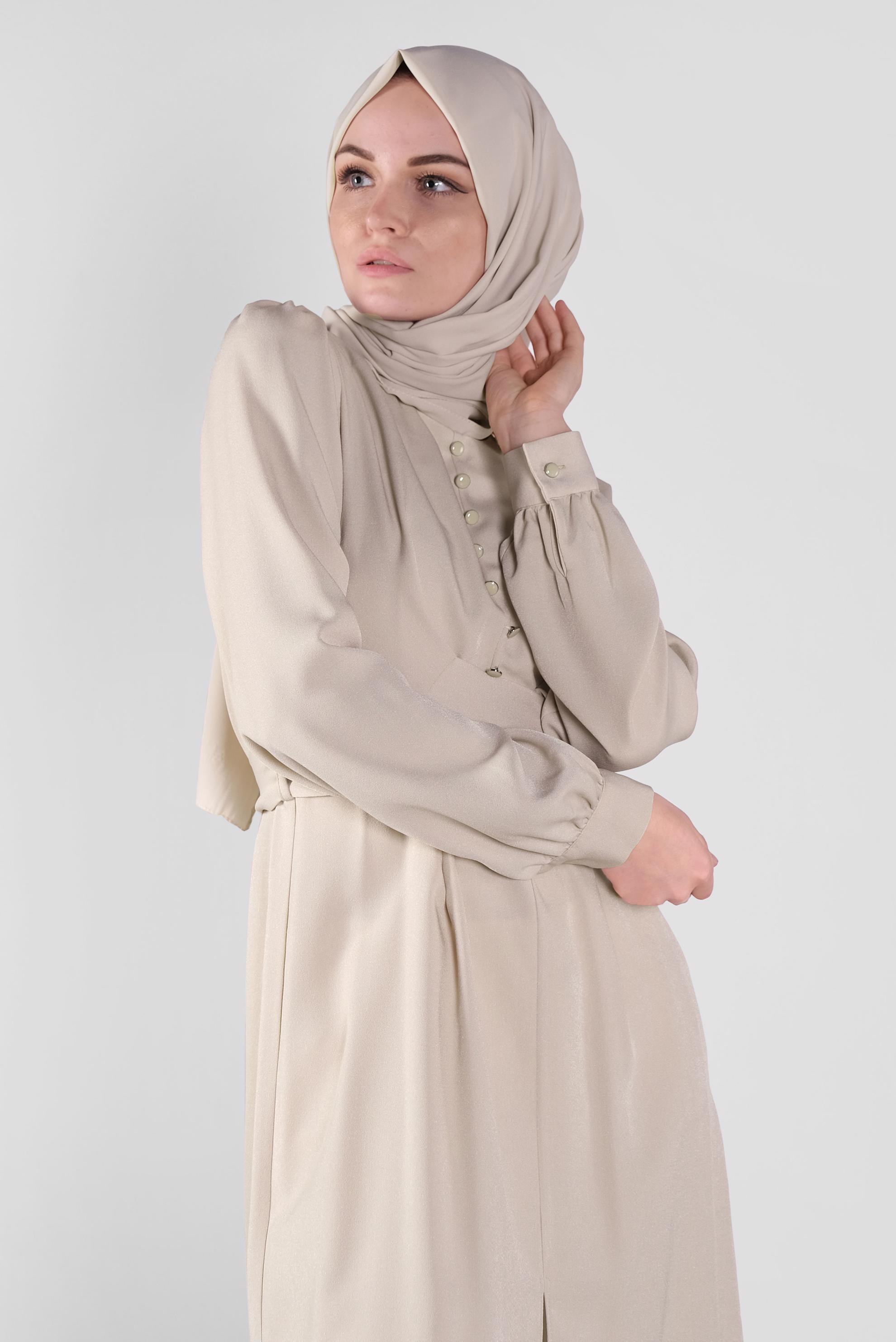 Tesettür giyim BEJ DÜĞMELİ KUŞAKLI TUNİK 41137 