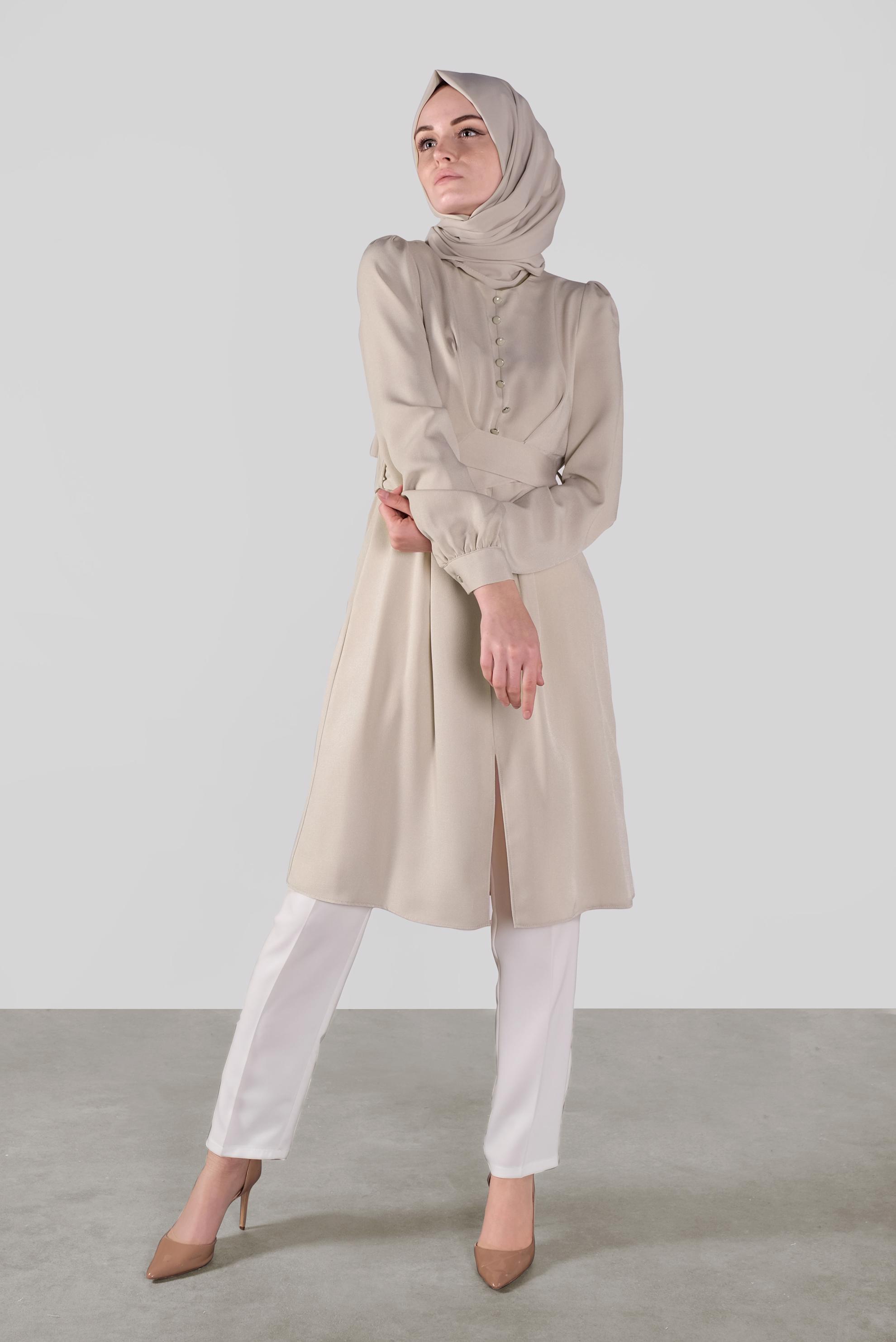 Tesettür giyim BEJ DÜĞMELİ KUŞAKLI TUNİK 41137 