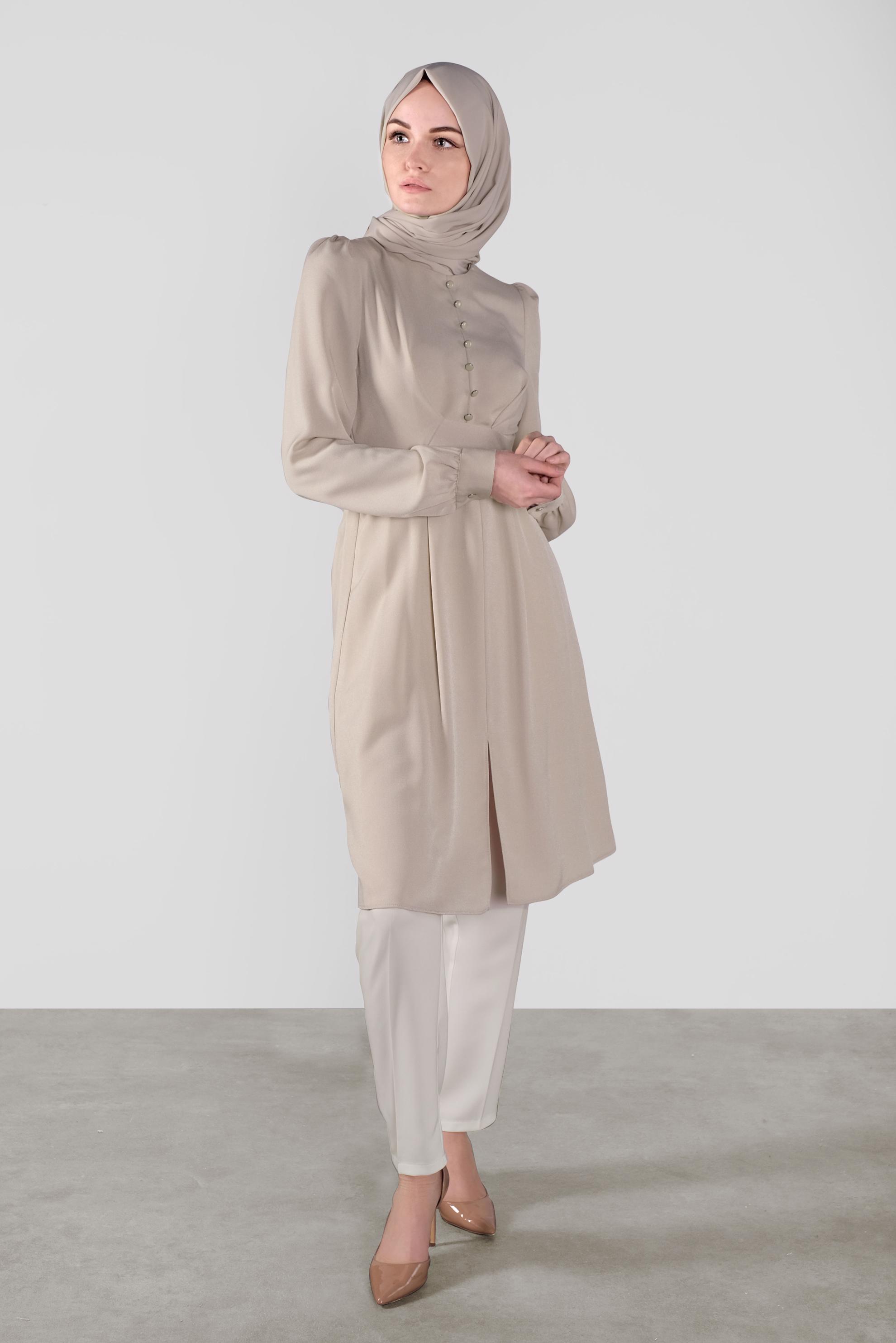 Tesettür giyim BEJ DÜĞMELİ KUŞAKLI TUNİK 41137 