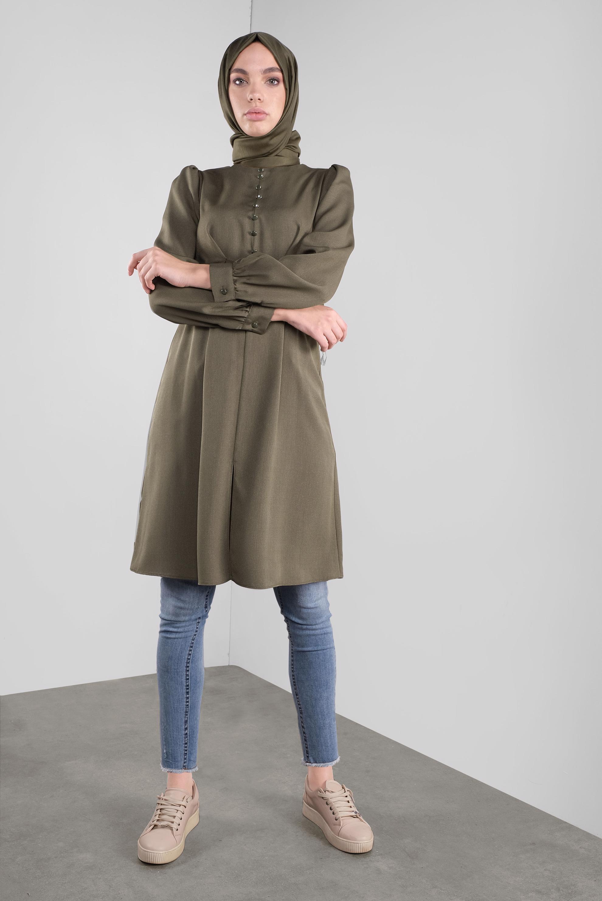 Tesettür giyim HAKİ DÜĞMELİ KUŞAKLI TUNİK 41137 