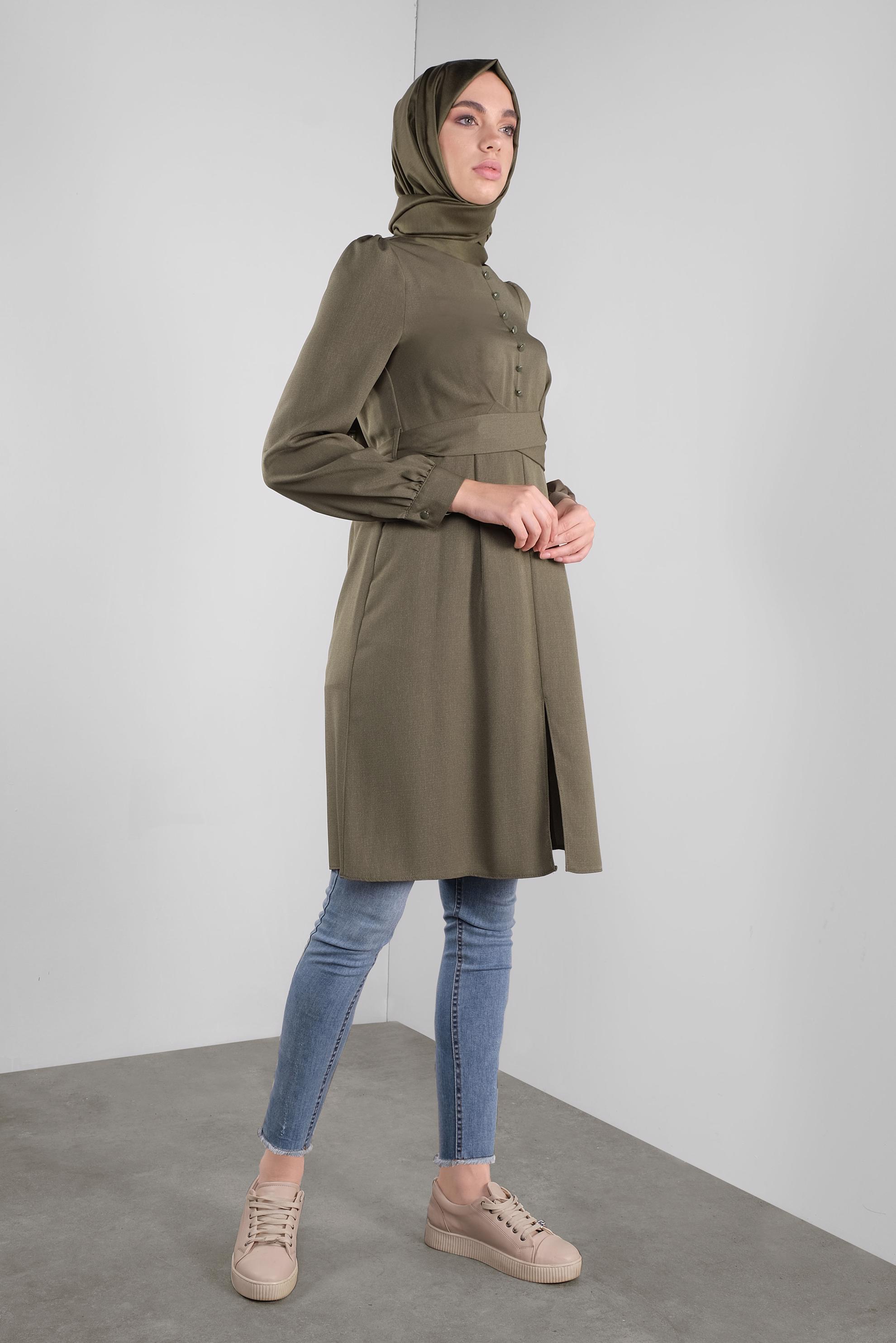 Tesettür giyim HAKİ DÜĞMELİ KUŞAKLI TUNİK 41137 