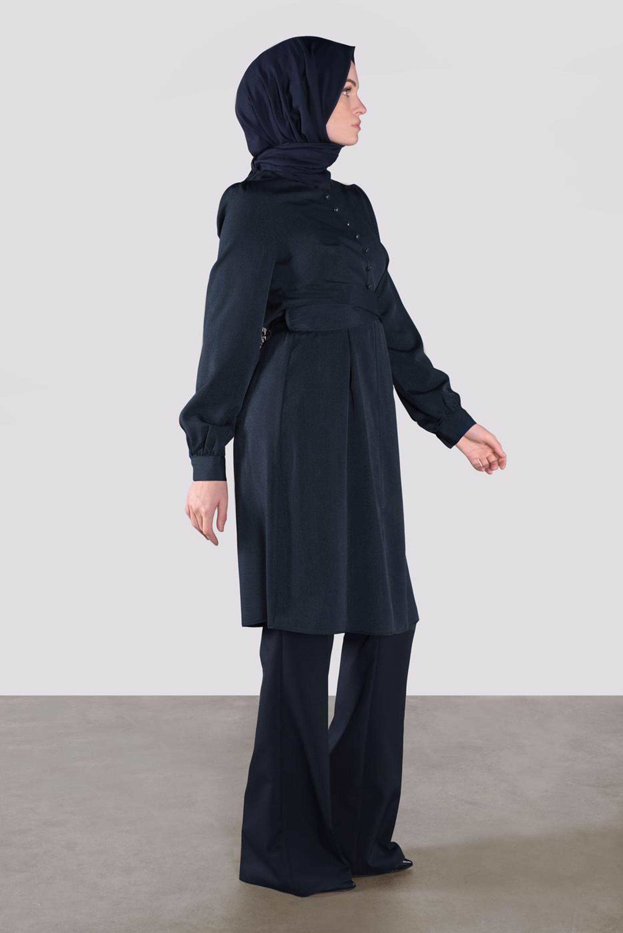Tesettür giyim LACİVERT DÜĞMELİ KUŞAKLI TUNİK 41137 