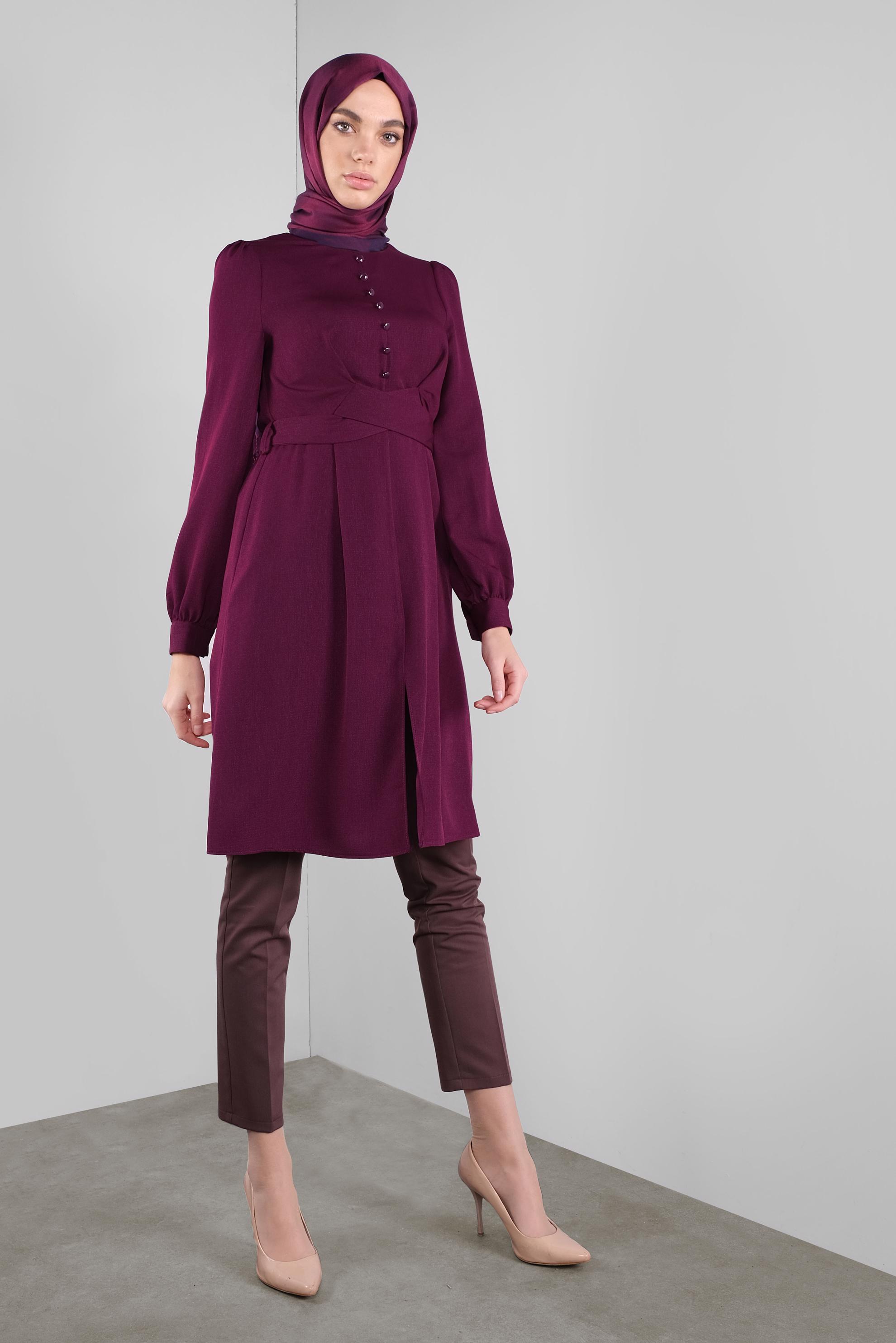 Tesettür giyim MOR DÜĞMELİ KUŞAKLI TUNİK 41137 