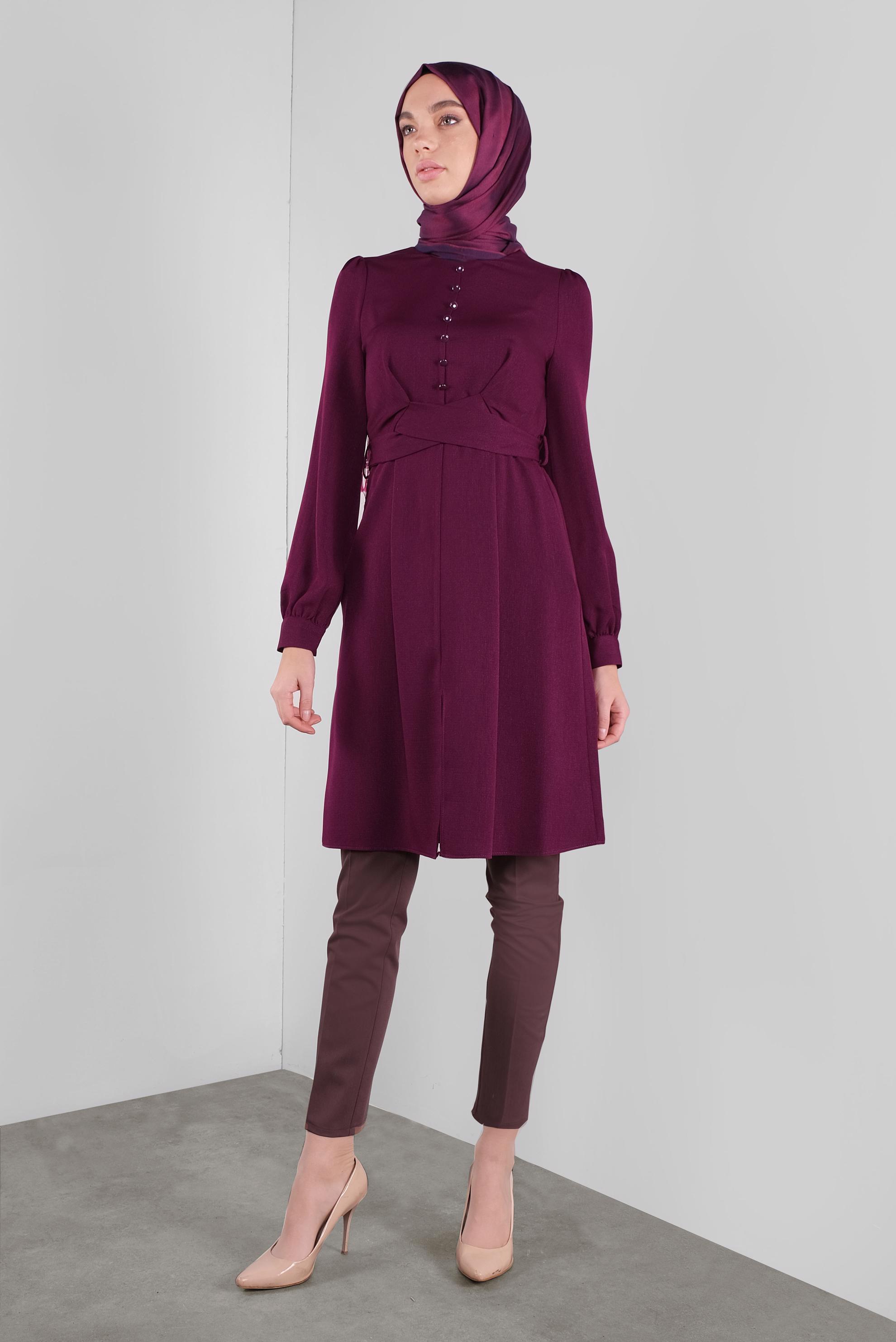 Tesettür giyim MOR DÜĞMELİ KUŞAKLI TUNİK 41137 