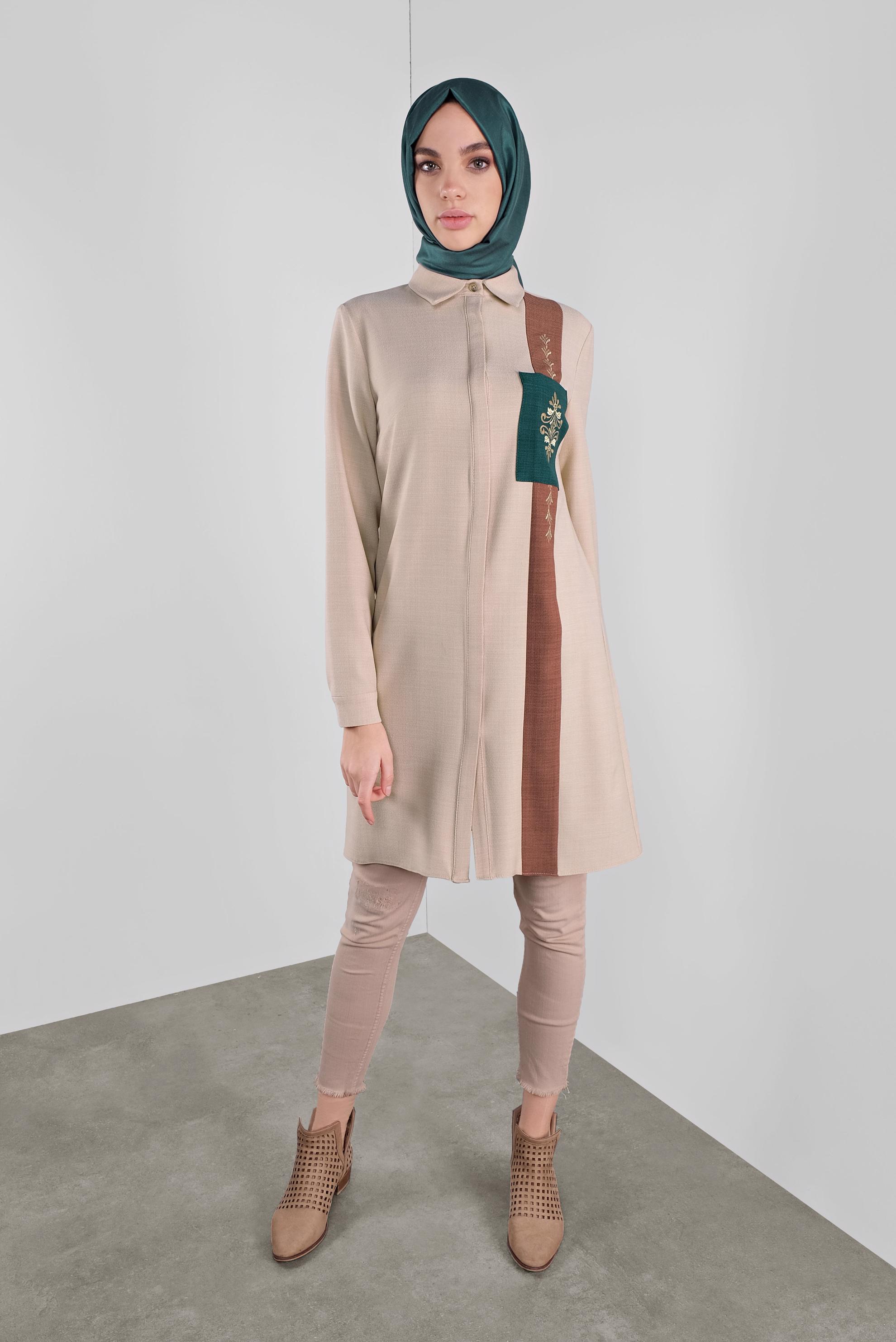 Tesettür giyim BEJ NAKIŞLI CEPLİ TUNİK 41138 