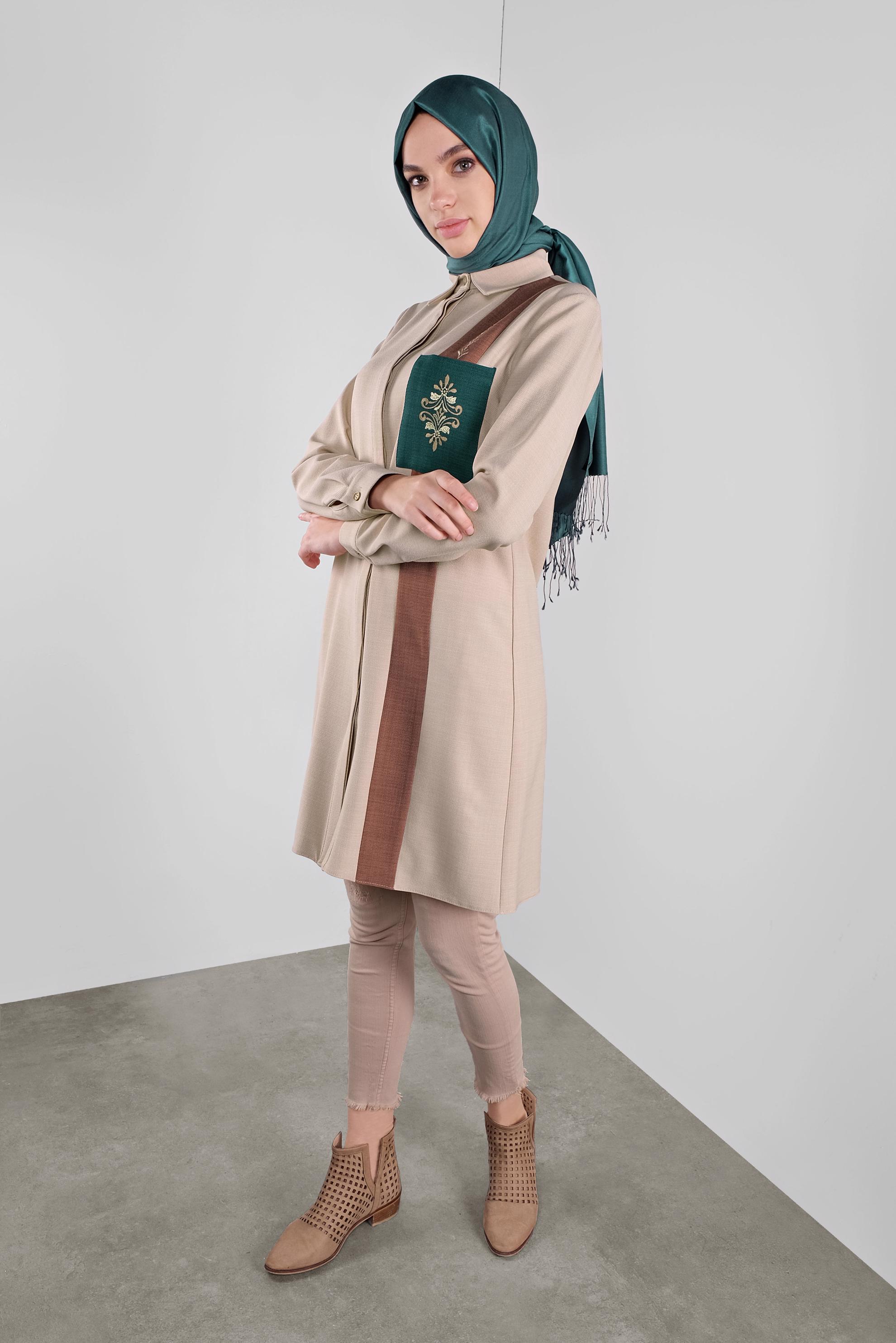 Tesettür giyim BEJ NAKIŞLI CEPLİ TUNİK 41138 