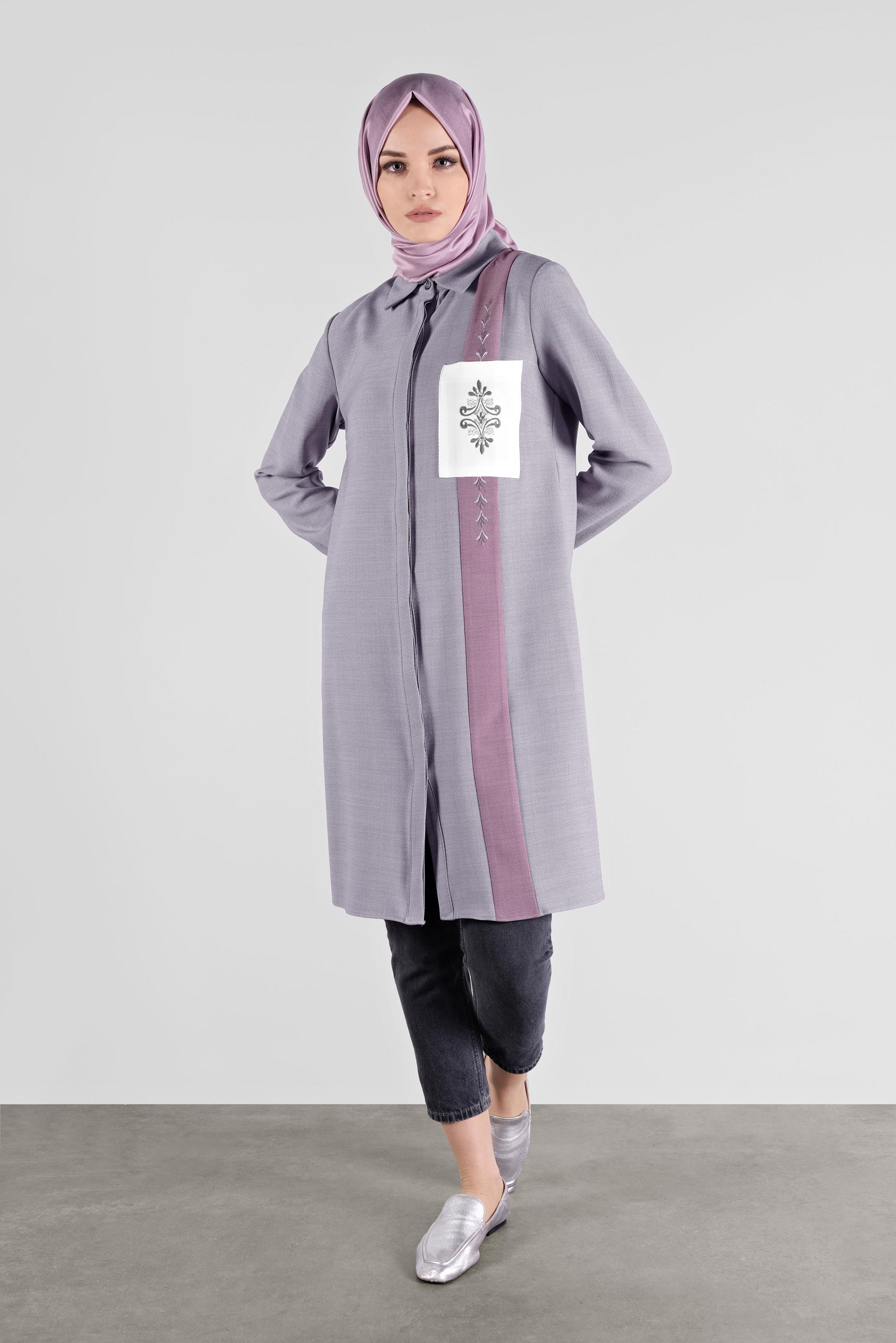 Tesettür giyim GRİ NAKIŞLI CEPLİ TUNİK 41138 