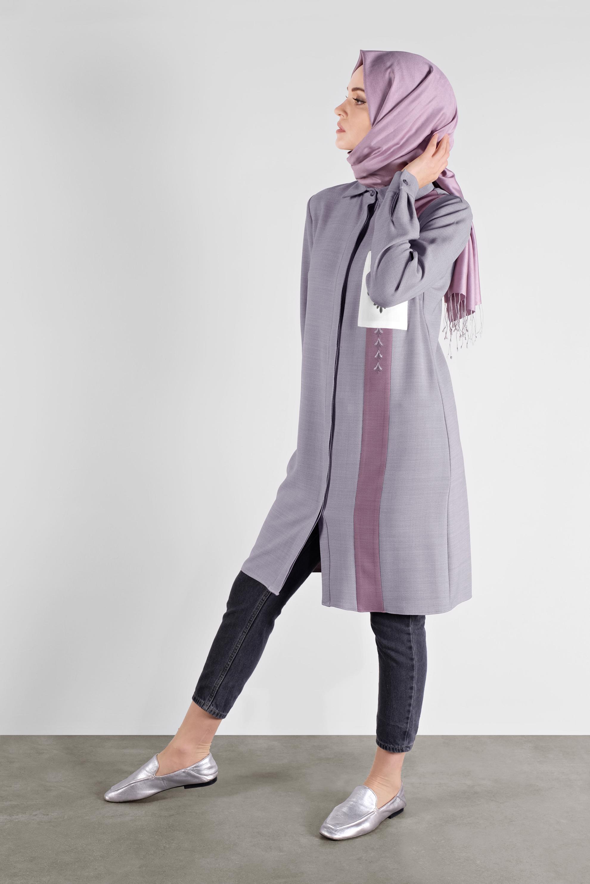 Tesettür giyim GRİ NAKIŞLI CEPLİ TUNİK 41138 