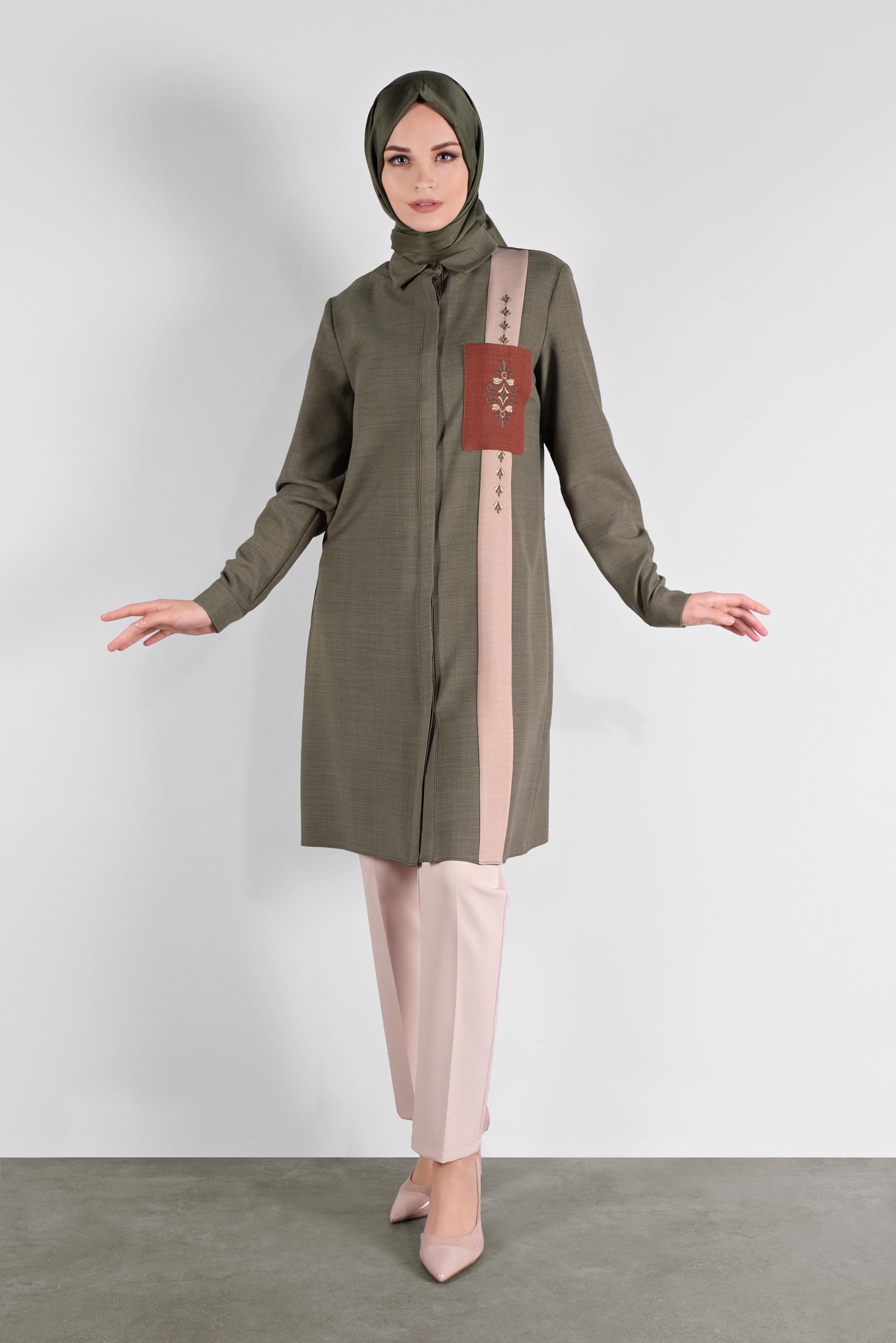 Tesettür giyim HAKİ NAKIŞLI CEPLİ TUNİK 41138 