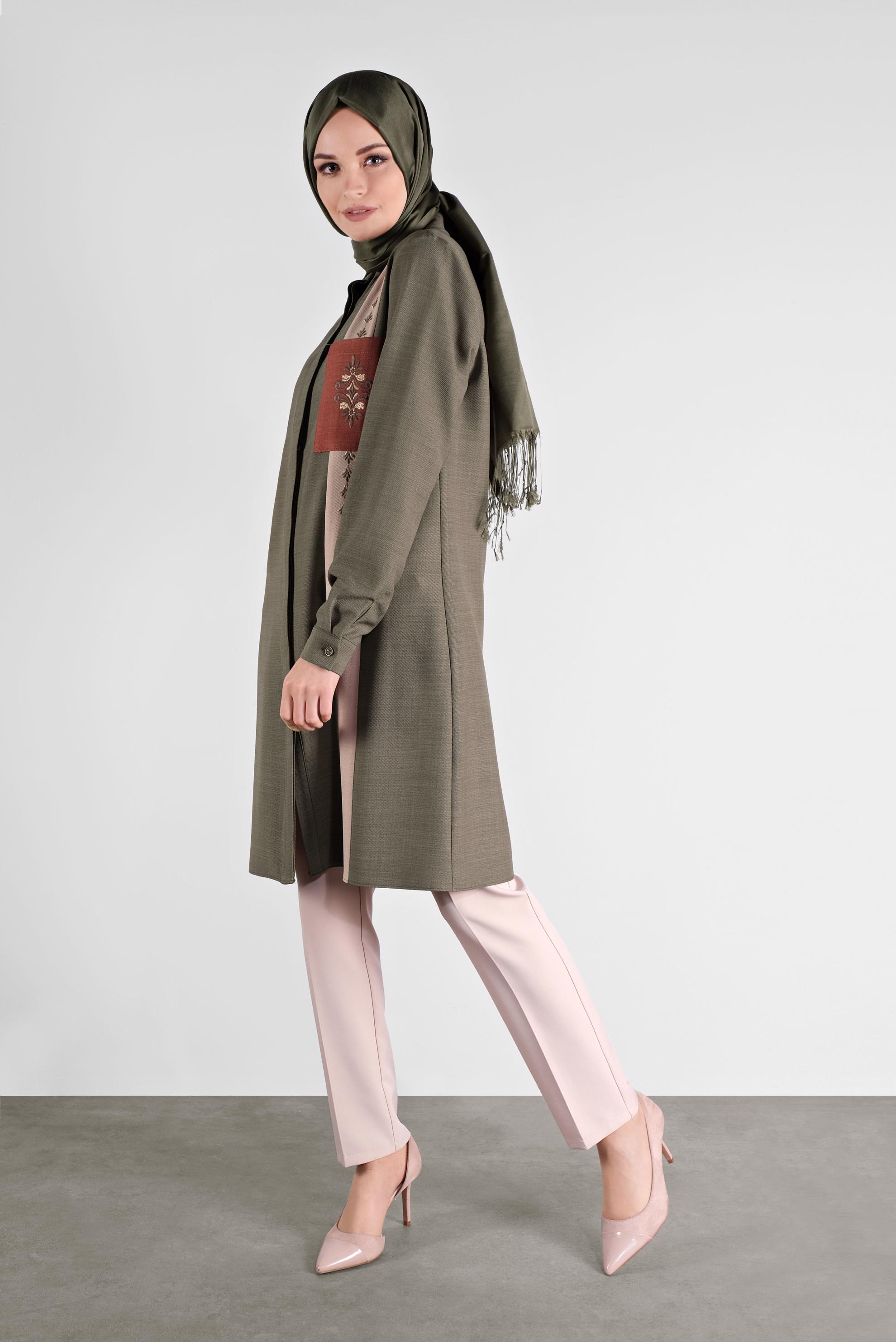 Tesettür giyim HAKİ NAKIŞLI CEPLİ TUNİK 41138 