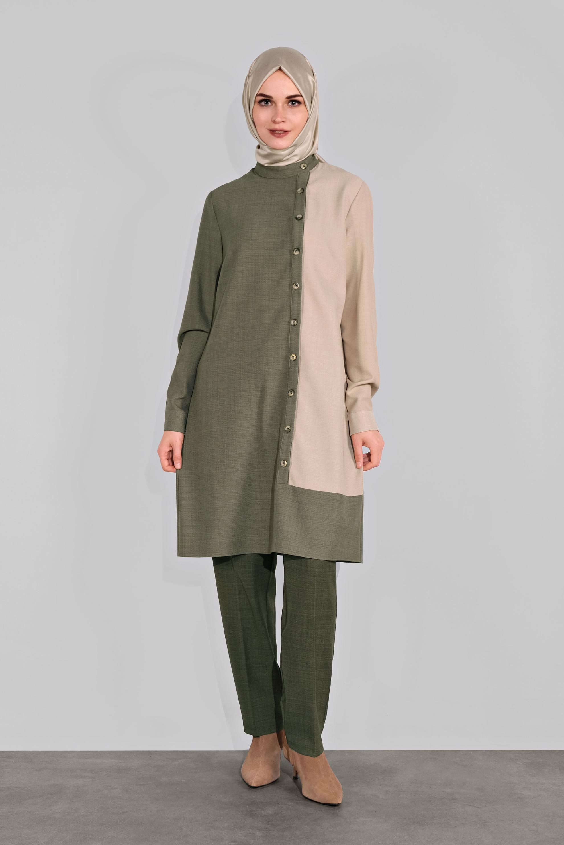 Tesettür giyim HAKİ DÜĞME DETAYLI YUVARLAK YAKA TUNİK 41139