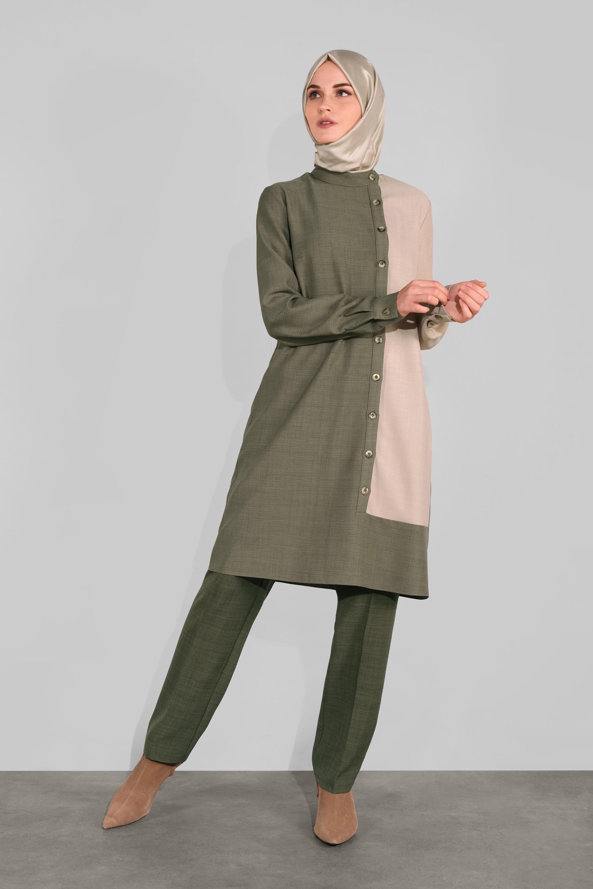 Tesettür giyim HAKİ DÜĞME DETAYLI YUVARLAK YAKA TUNİK 41139