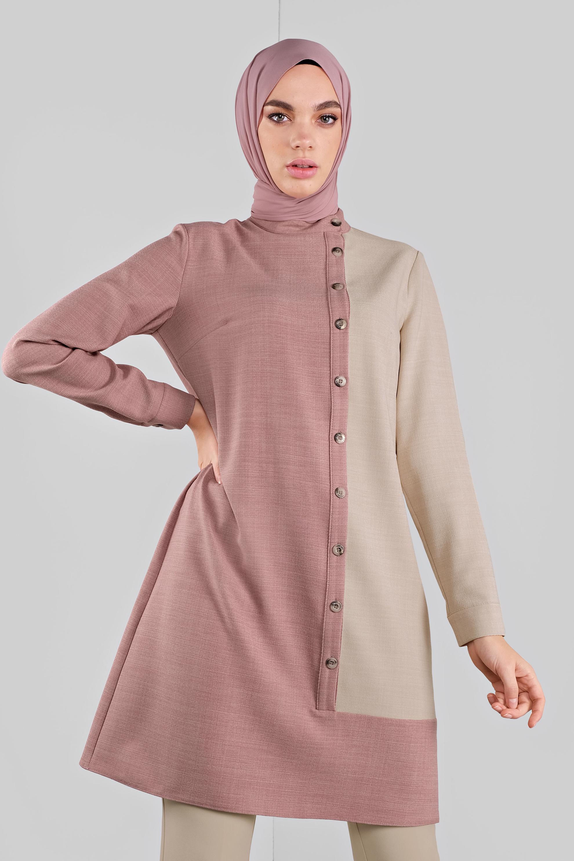 Tesettür giyim PUDRA DÜĞME DETAYLI YUVARLAK YAKA TUNİK 41139