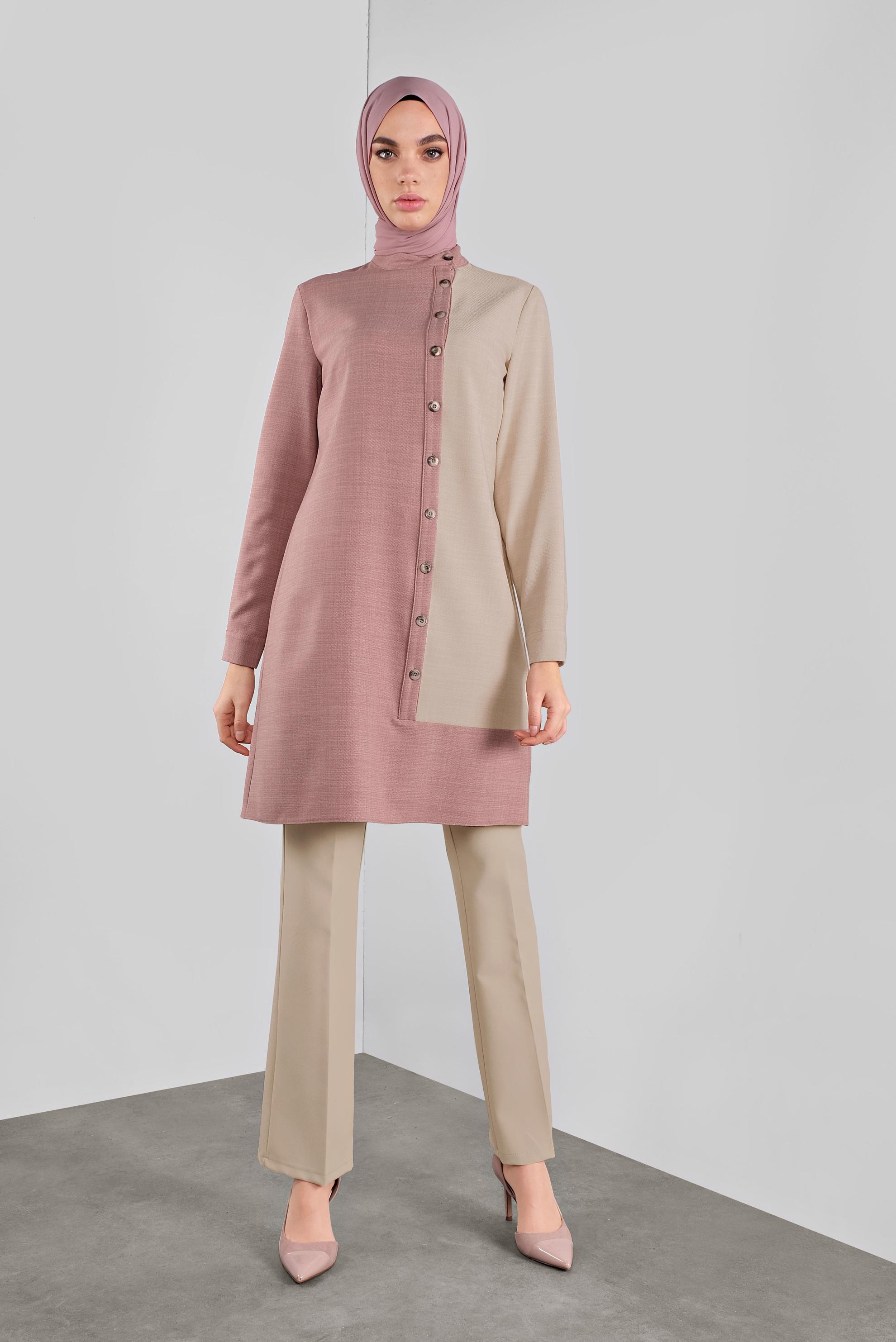 Tesettür giyim PUDRA DÜĞME DETAYLI YUVARLAK YAKA TUNİK 41139