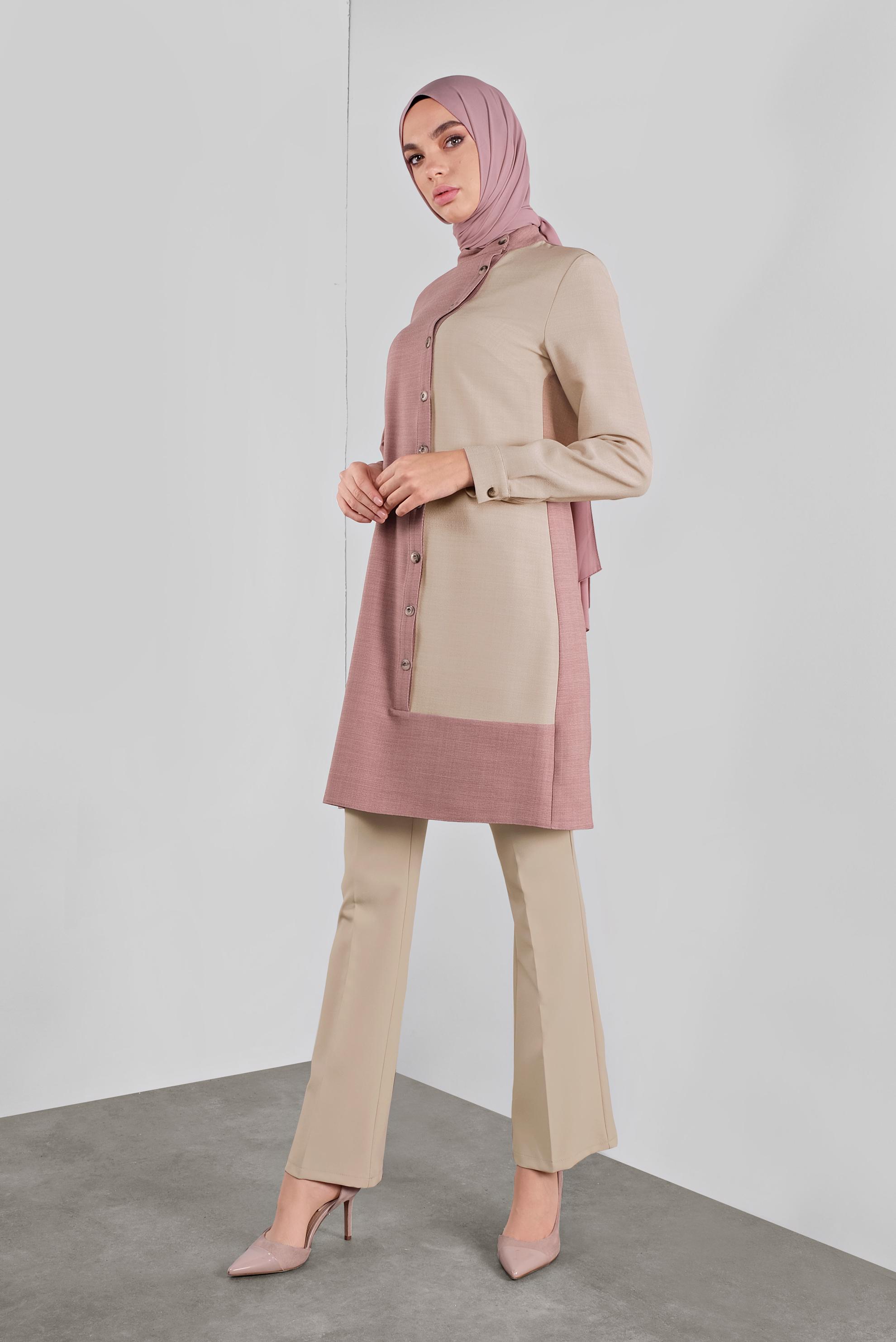 Tesettür giyim PUDRA DÜĞME DETAYLI YUVARLAK YAKA TUNİK 41139