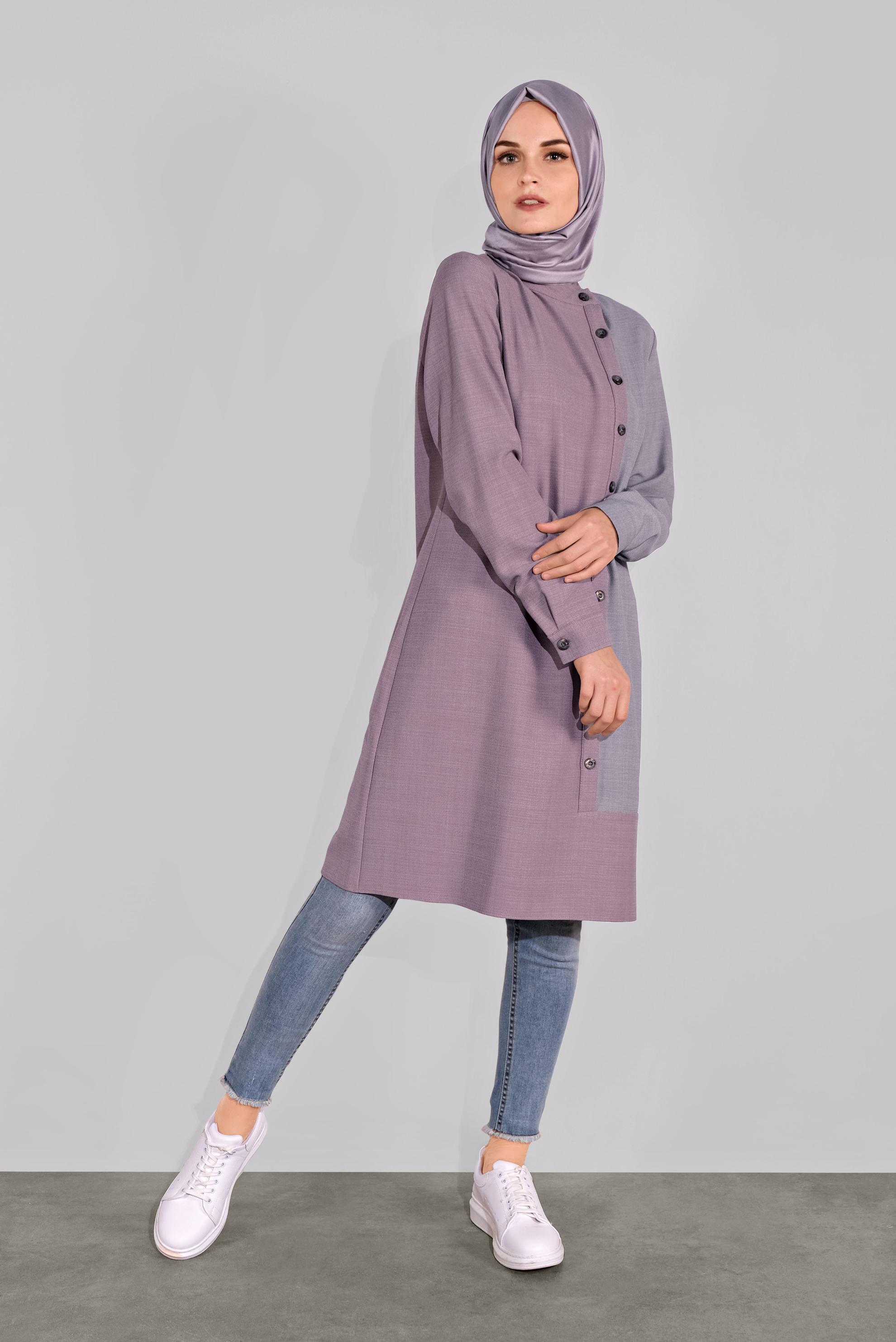Tesettür giyim MOR DÜĞME DETAYLI YUVARLAK YAKA TUNİK 41139